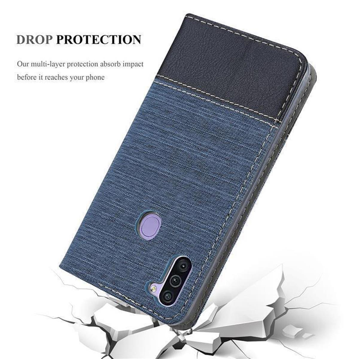 Custodia per telefono con un design blu e nero. Lo sfondo ha un effetto crepa bianco.
