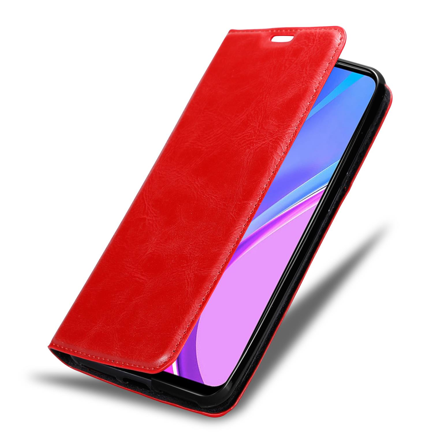 Eine rote Leder-Handyhülle ist geöffnet und gibt einen Telefonbildschirm frei. Die Hülle hat eine Lederstruktur.