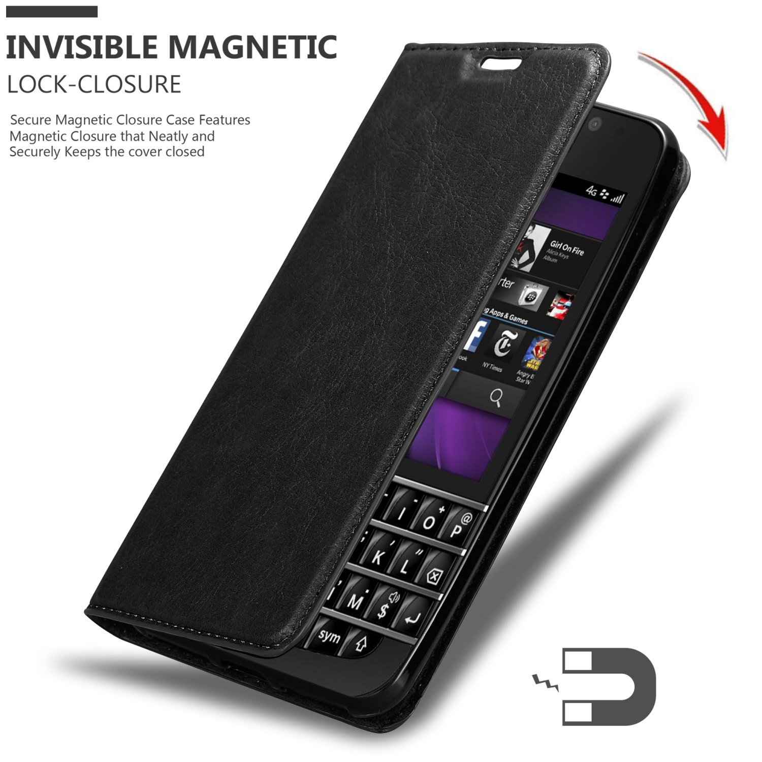 Custodia per telefono in pelle nera, aperta, che mostra un telefono. Caratteristiche di chiusura magnetica invisibile.