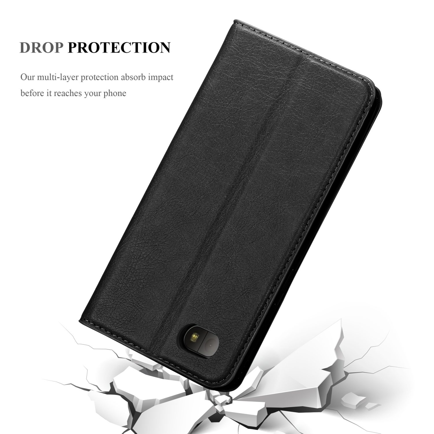 Una custodia per telefono nera che protegge un telefono. La custodia è aperta, con testo che indica protezione dalle cadute.