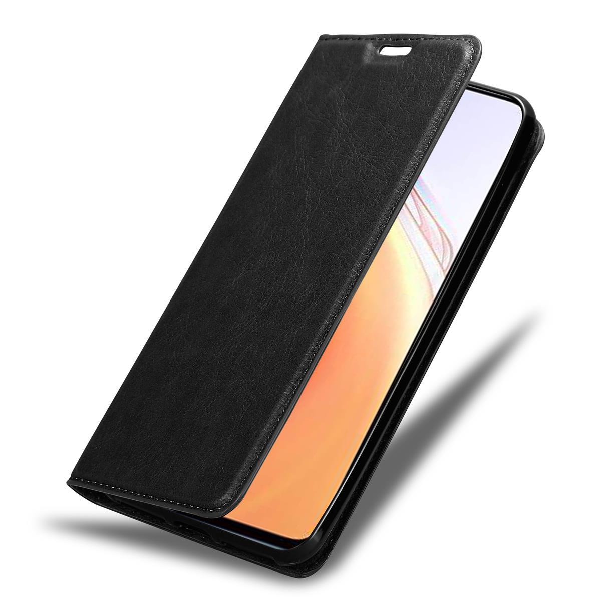 Eine schwarze Handyhülle ist geöffnet. Der Telefonbildschirm zeigt einen orange-weißen Farbverlauf.
