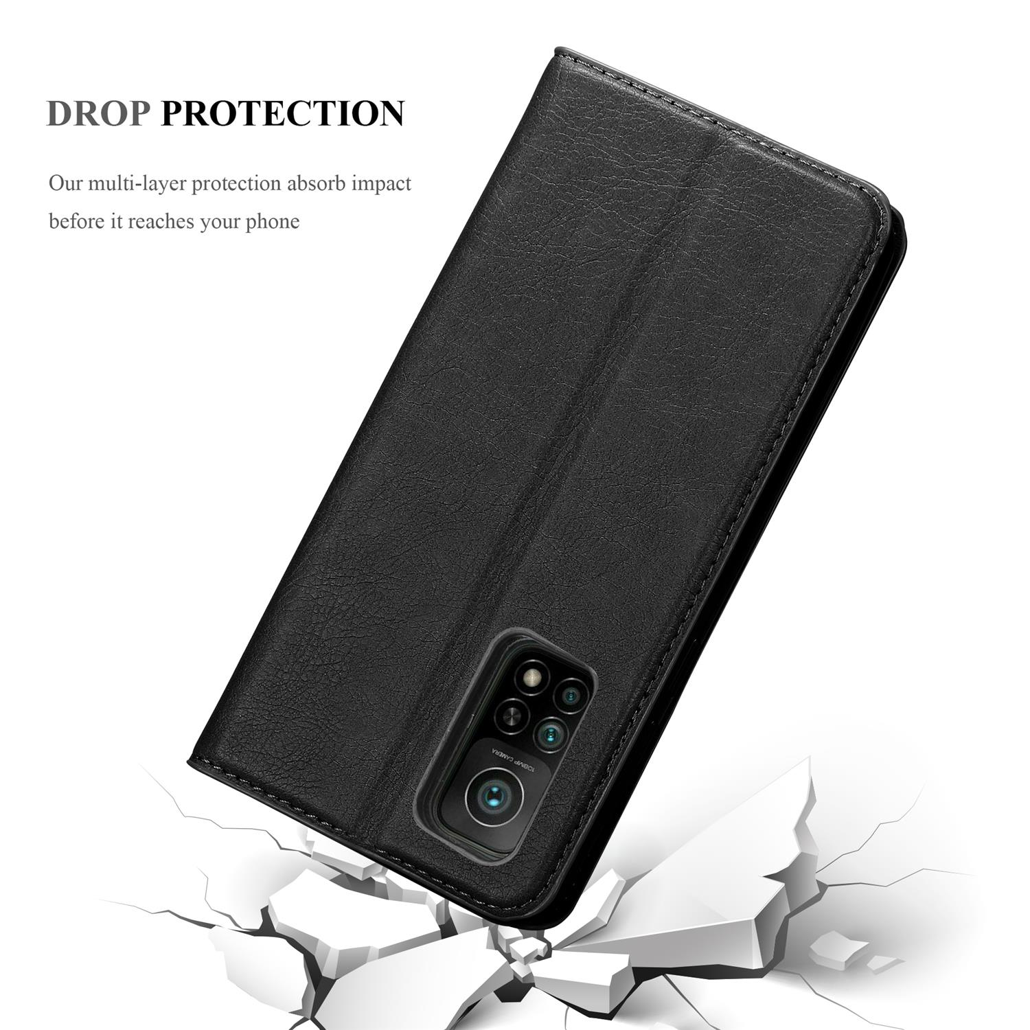 Eine schwarze Leder-Handyhülle, geöffnet, um das Telefon zu zeigen. Text: DROP PROTECTION und ein gerissener Boden.