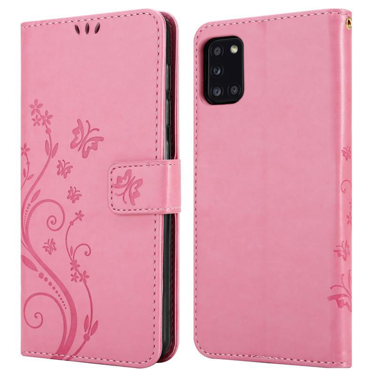 Custodia rosa per telefono, design floreale, dettagli farfalla. La custodia è aperta, mostrando il telefono.