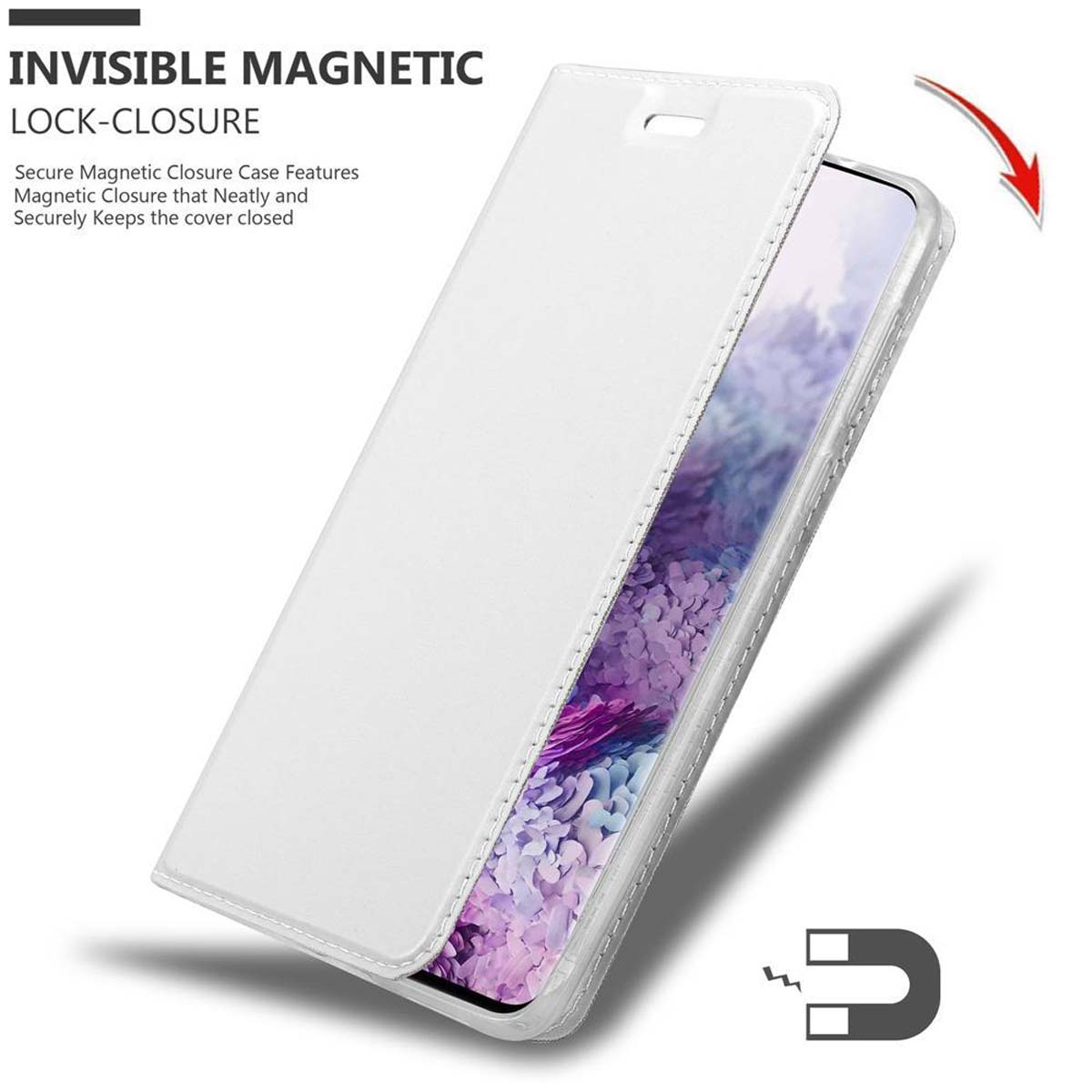 Weiße Handyhülle mit Telefon darin. Die Hülle hat einen Magnetverschluss und ein Magnetsymbol.