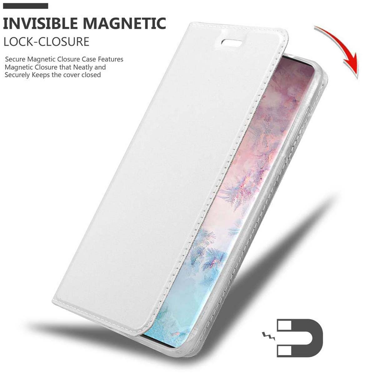 Una custodia bianca per telefono è aperta per mostrare un telefono all'interno. È presente un simbolo di magnete.