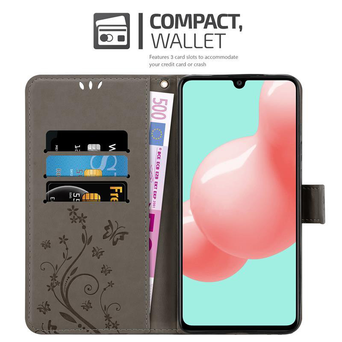 Custodia per telefono con carte e contanti. Il testo recita 'Compact, Wallet'. Il telefono ha un design floreale.