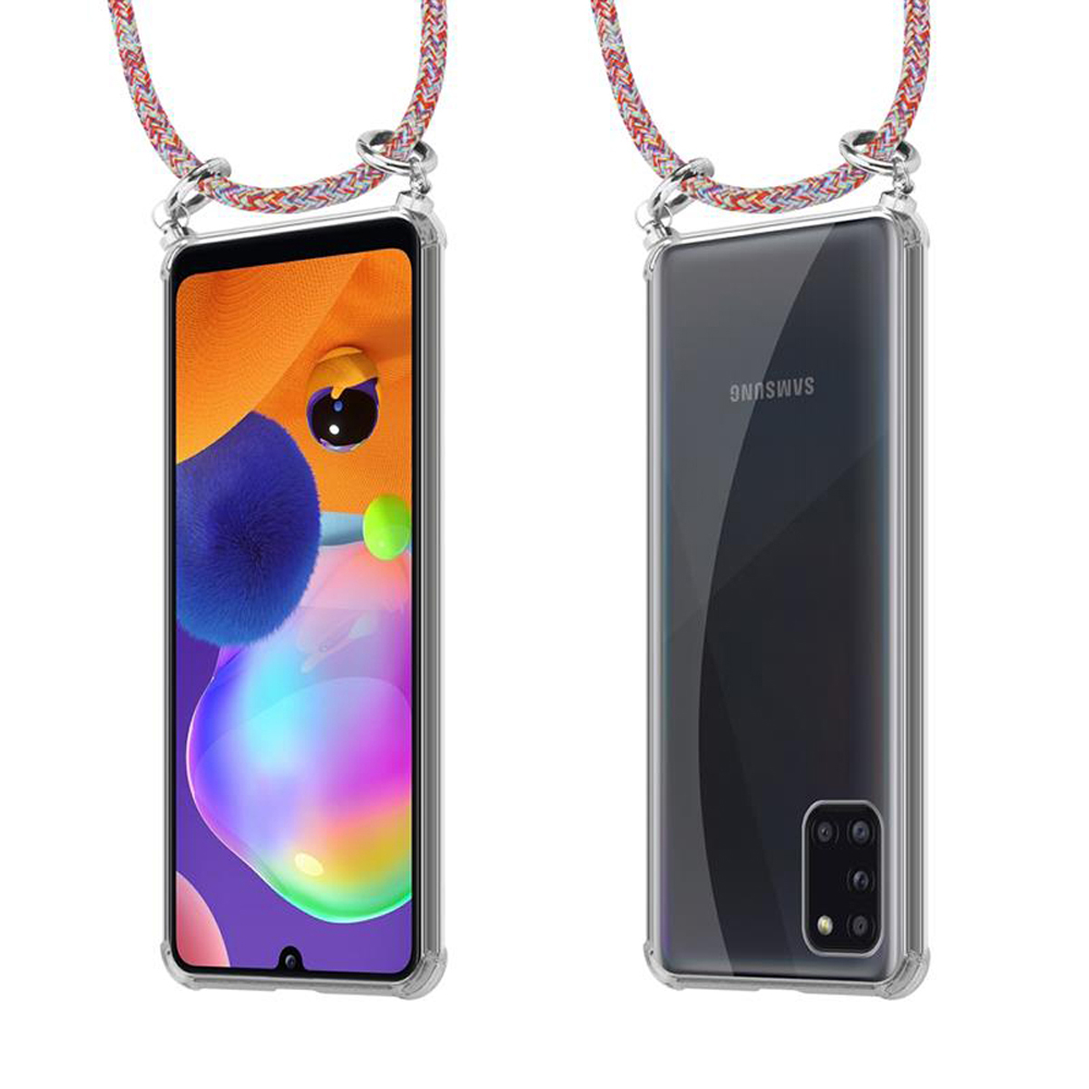 Silber abnehmbarer Kordel COLORFUL Handy mit Ringen, Samsung, Galaxy und Hülle, Backcover, A31, CADORABO Kette PARROT Band