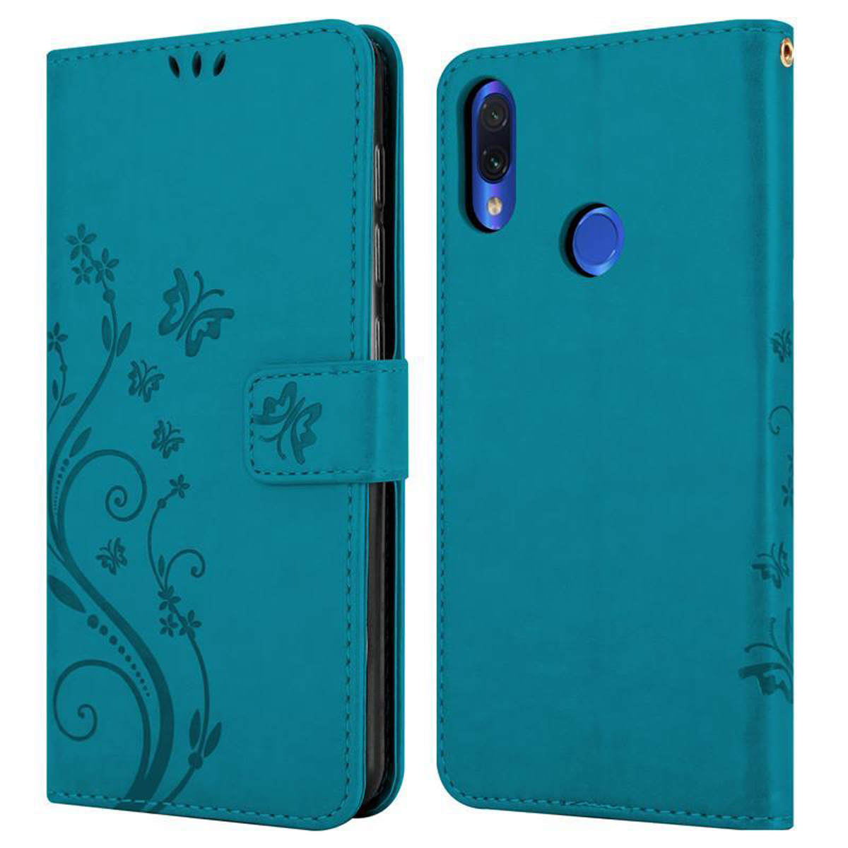 Una custodia per telefono color verde acqua, aperta. Motivi floreali in rilievo sul lato sinistro. Il lato destro ha un foro per la fotocamera.