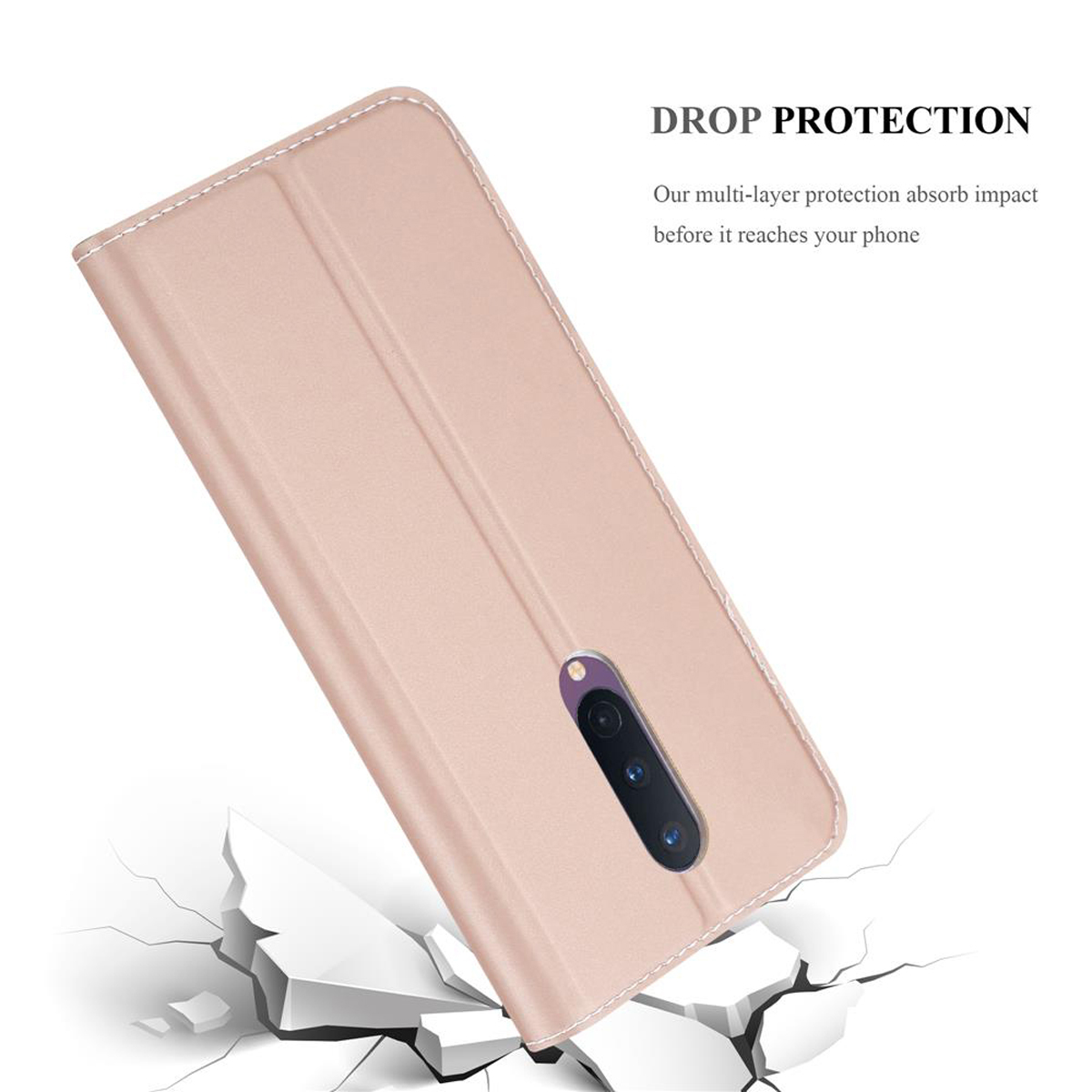 Custodia beige per telefono con copertina pieghevole, appoggiata su una superficie che sembra rompersi.