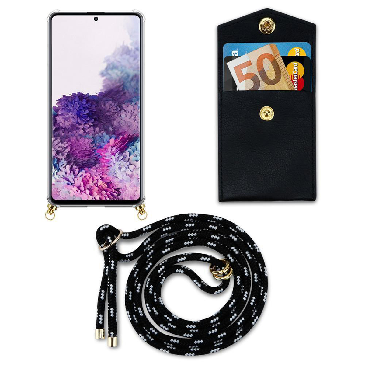 Telefono con custodia trasparente e cordino nero, un portafoglio nero con carte e una corda.