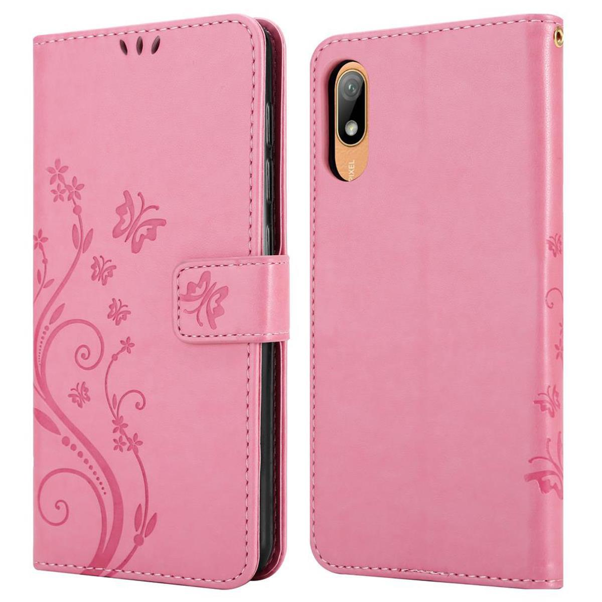 Custodia rosa per telefono con design floreale, aperta per mostrare il telefono.