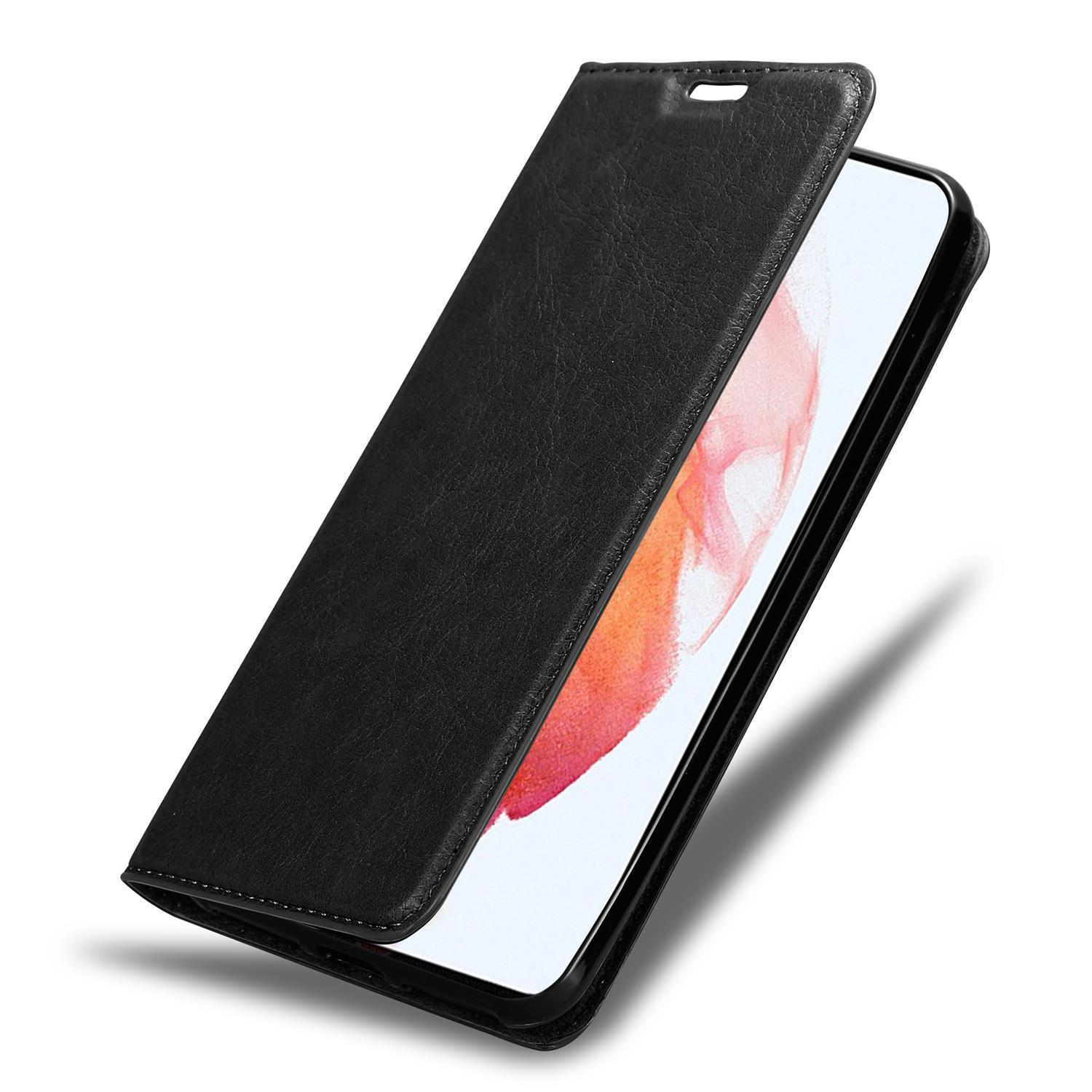 Custodia per telefono in pelle nera, aperta per rivelare un telefono. Lo schermo del telefono mostra un'immagine colorata.