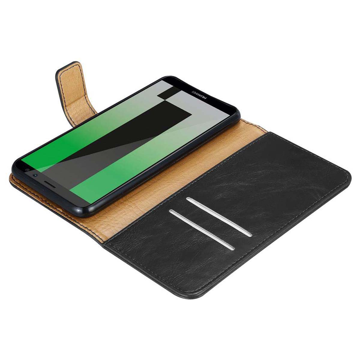 Telefono nero in una custodia in pelle. La custodia è aperta.