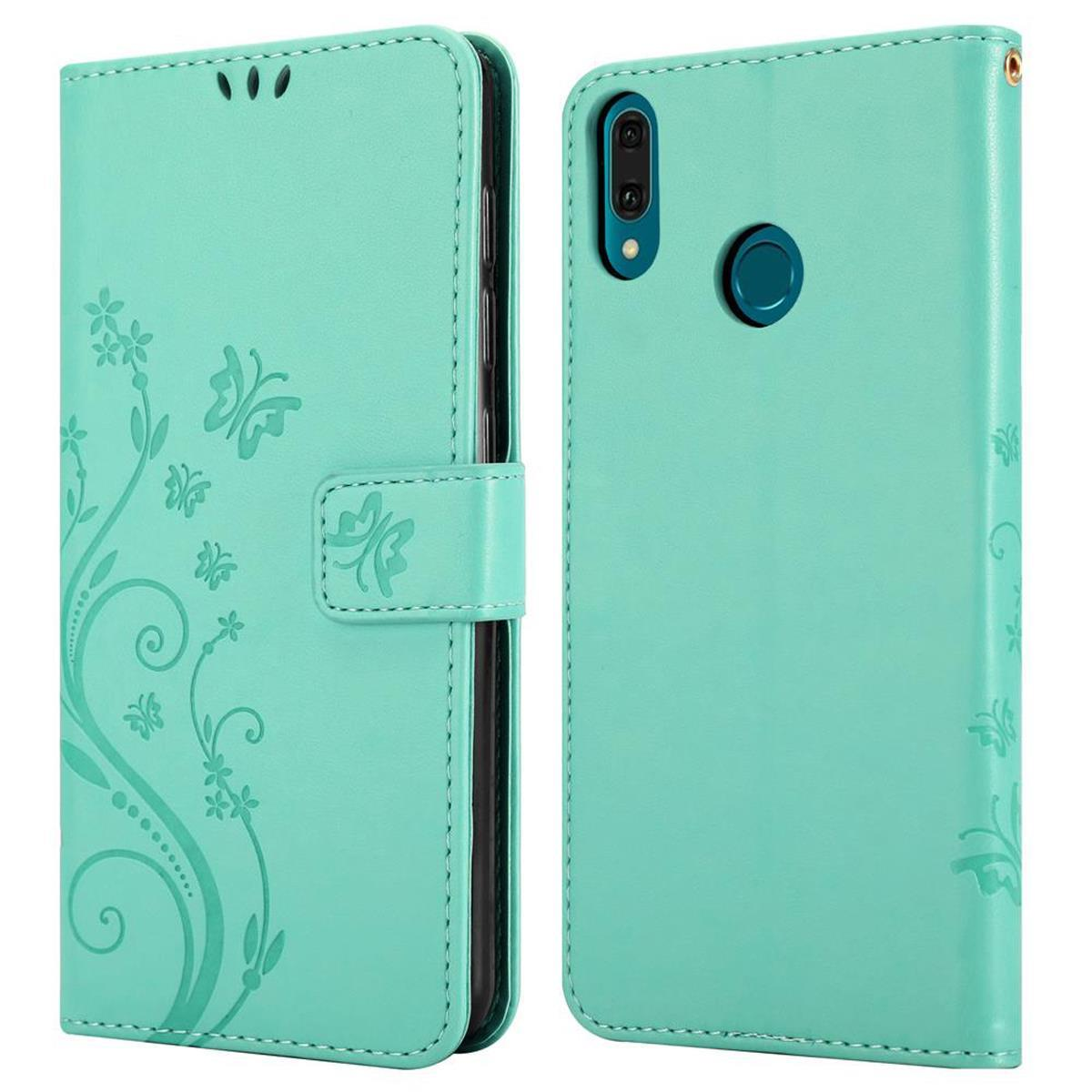 Funda para teléfono verde menta, estilo folio. Con diseños florales y mariposas.