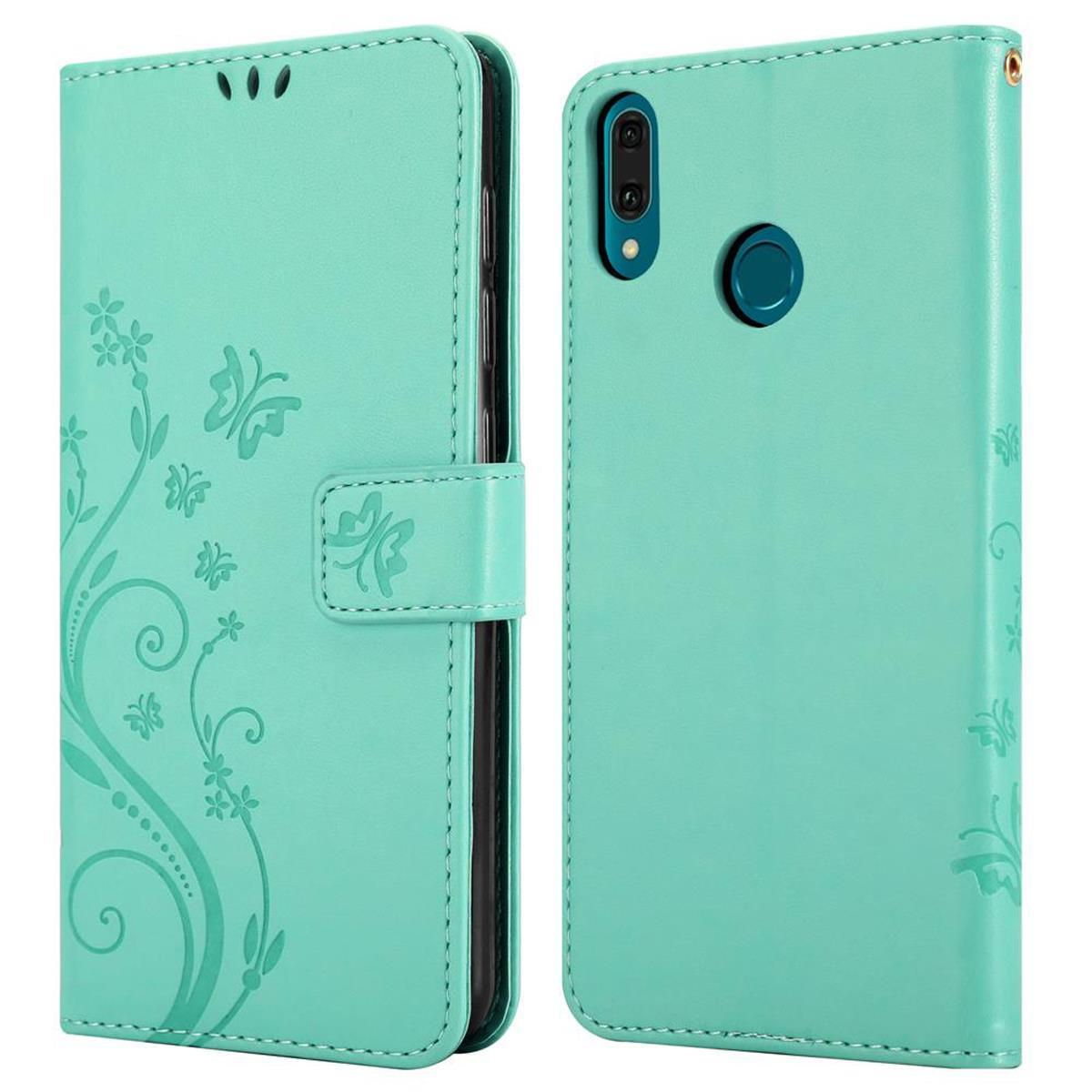 Funda de teléfono de dos piezas, verde menta, abierta y cerrada. La abierta muestra un teléfono con flores.