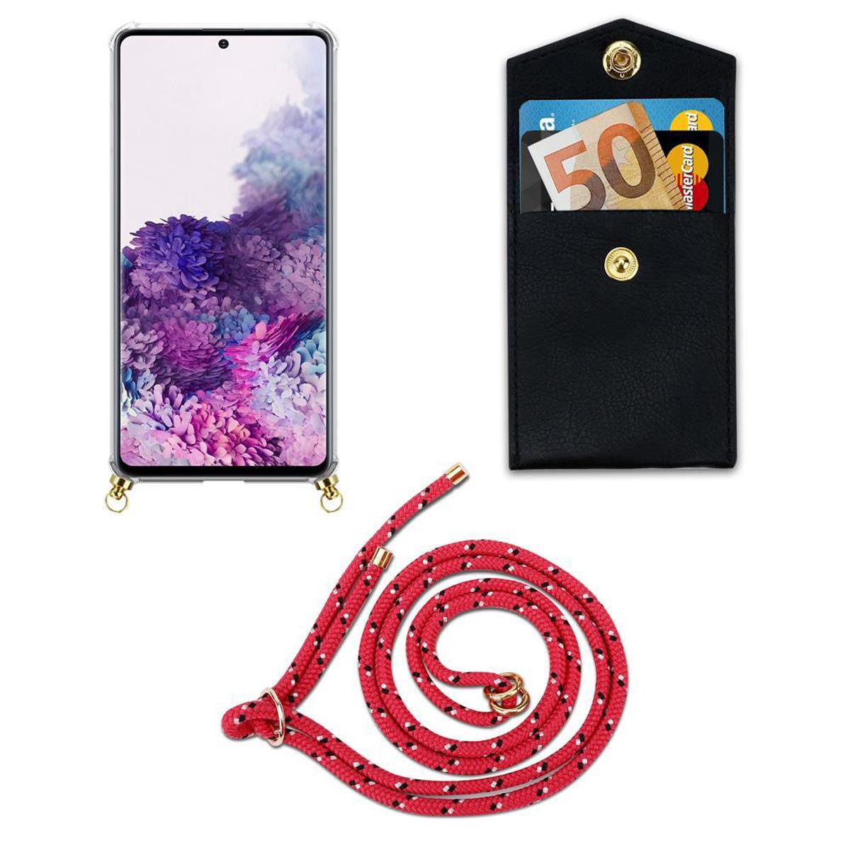 Telefono con custodia e corda, display con colori, retro con portafoglio nero con carte.