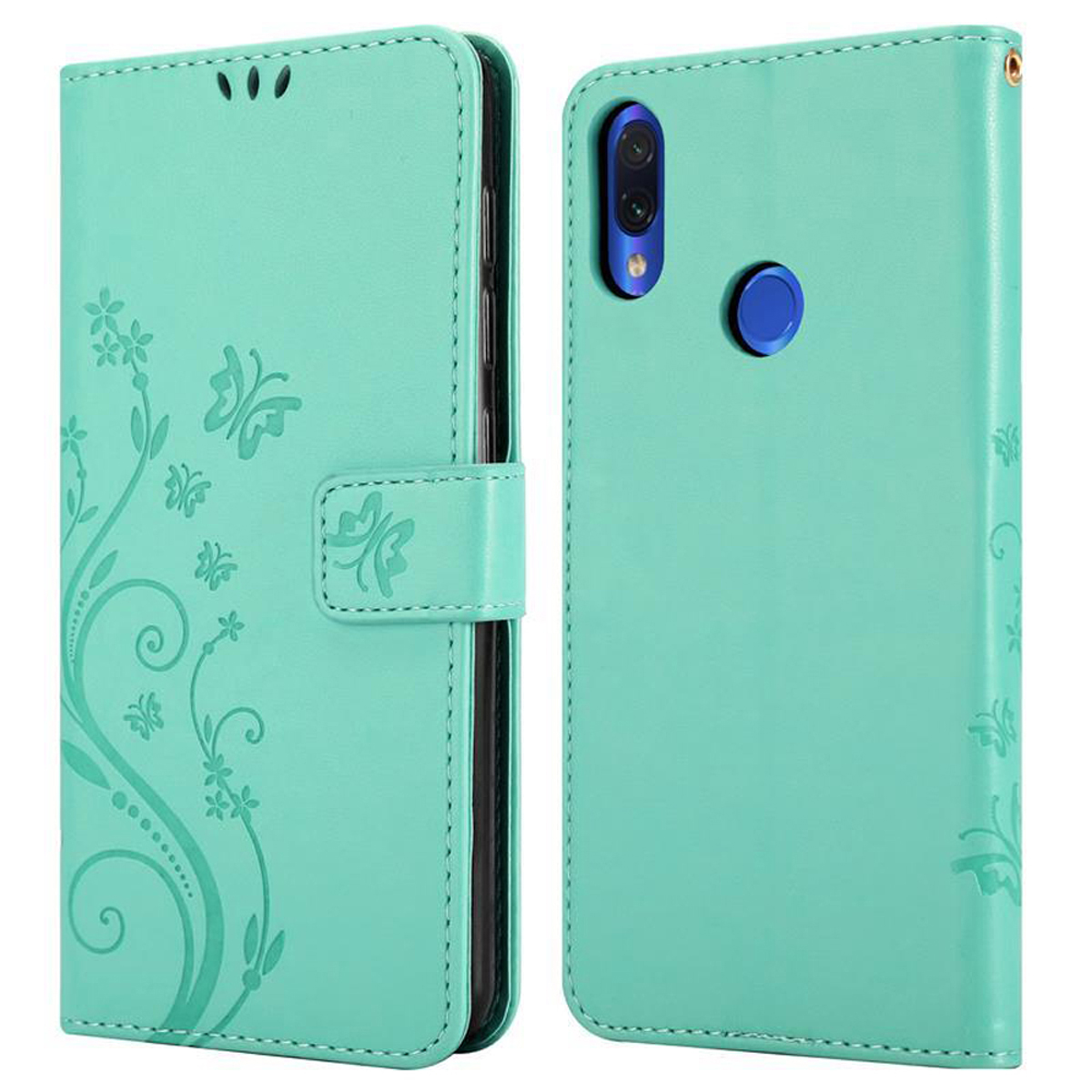 Una custodia per telefono color turchese con motivi floreali. È una custodia in stile folio.