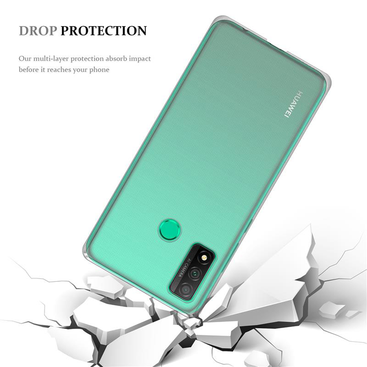 Eine grüne Handyhülle, zerbrochener Boden und ein Telefon darauf, mit den Worten 'DROP PROTECTION'.