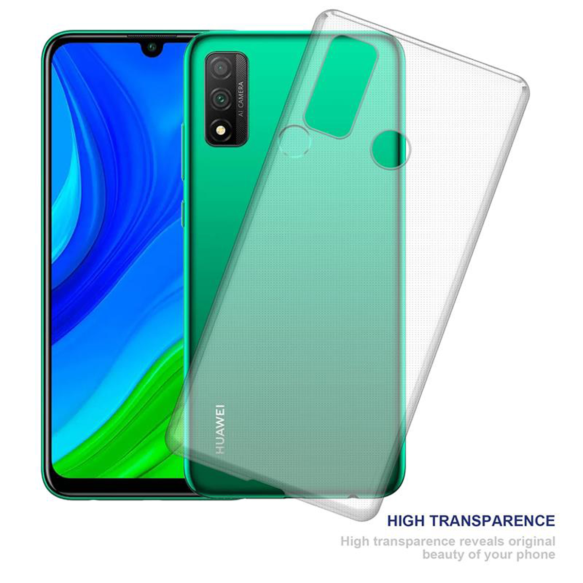 Gr ünes Telefon mit transparenter Hülle. Die Hülle hat eine transparente Vorderseite. Text: Hohe Transparenz.