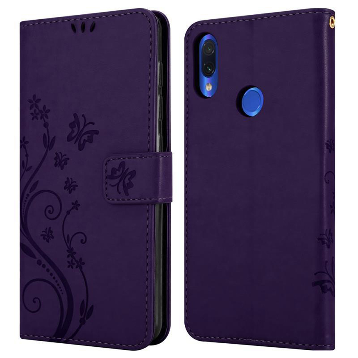 Custodia viola, aperta. Design floreale. Due viste della custodia del telefono.