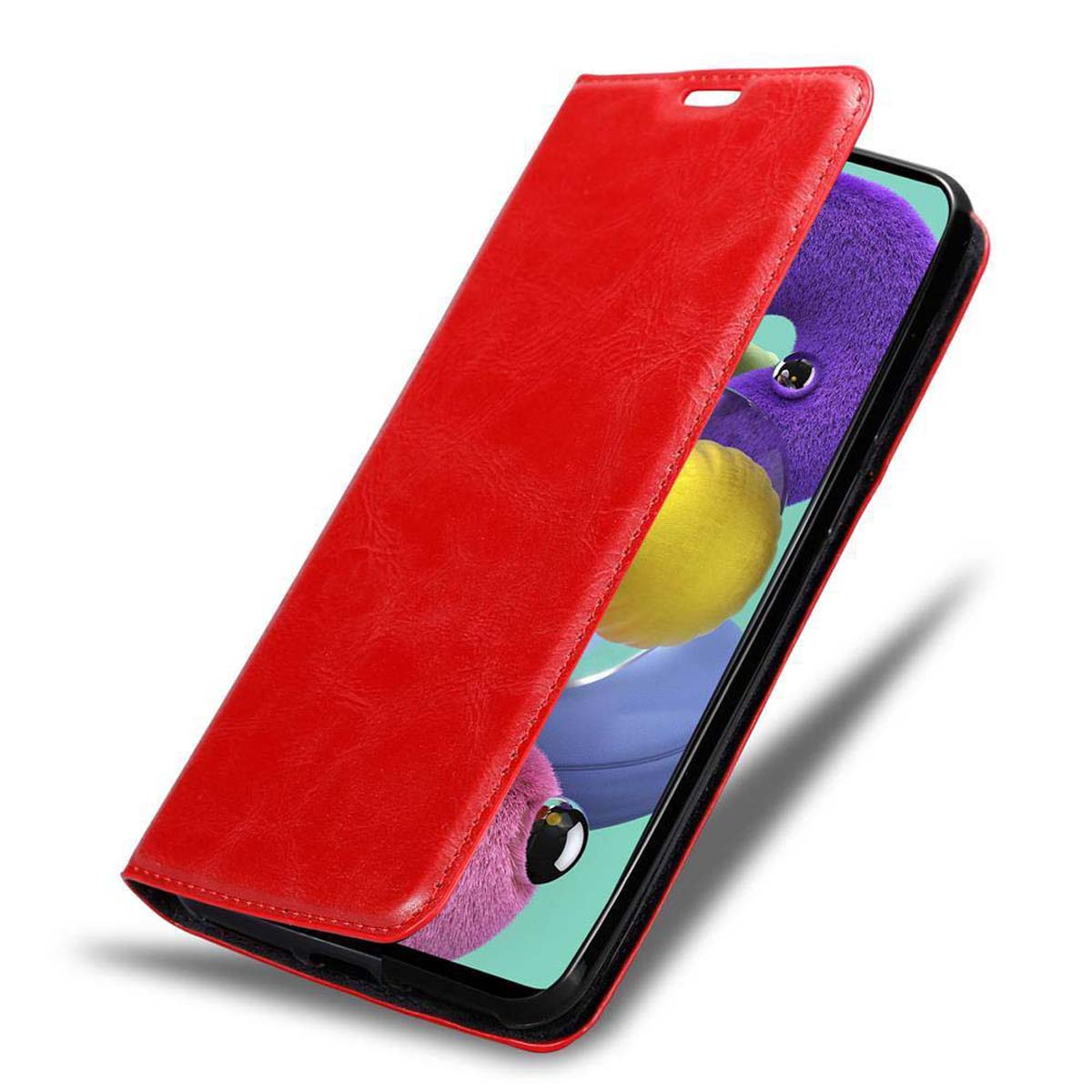 Rote Handyhülle, geöffnet, um das Telefon zu zeigen. Die Hülle hat einen Magnetverschluss.