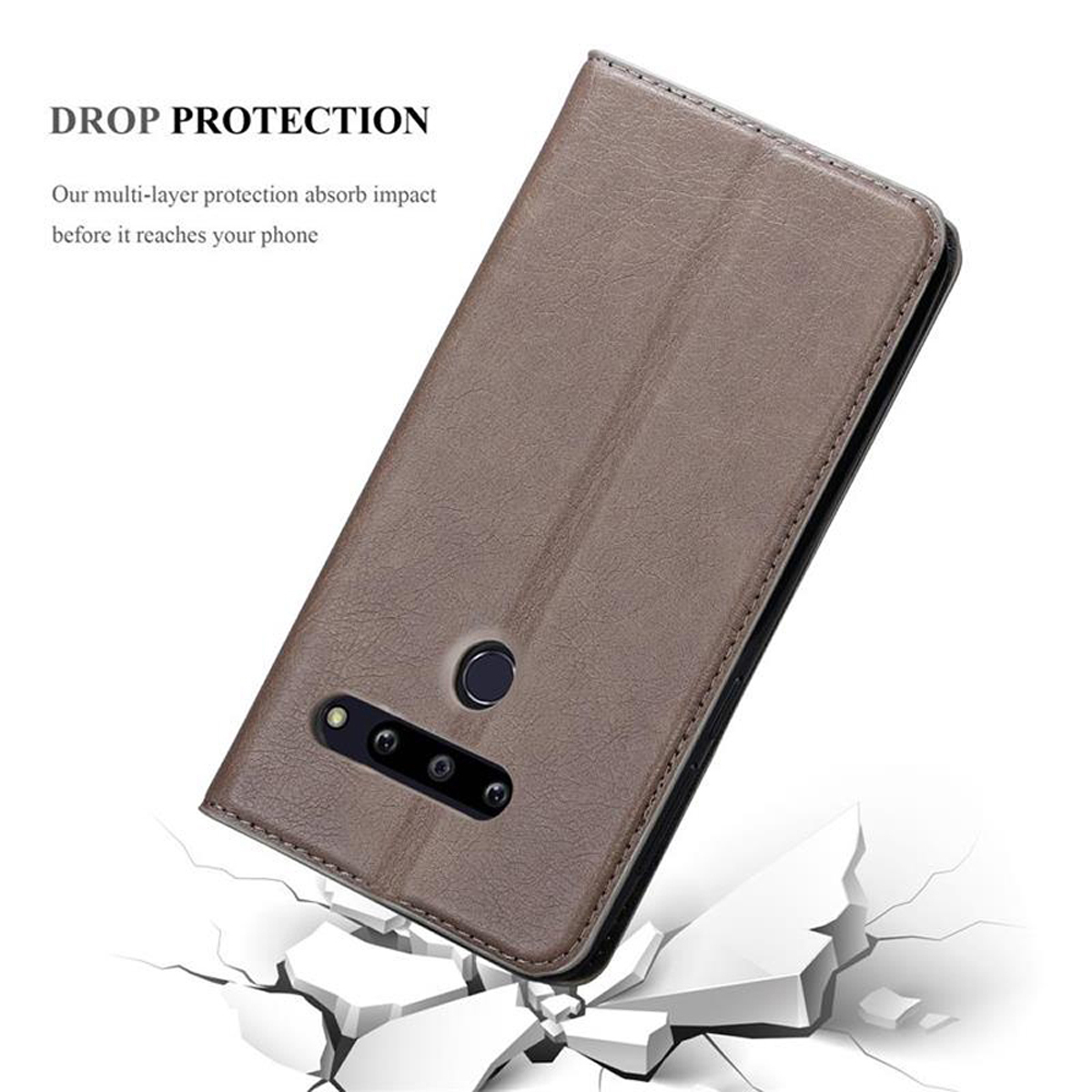 Una custodia marrone per telefono con un telefono all'interno, su una superficie incrinata. Testo: DROP PROTECTION.