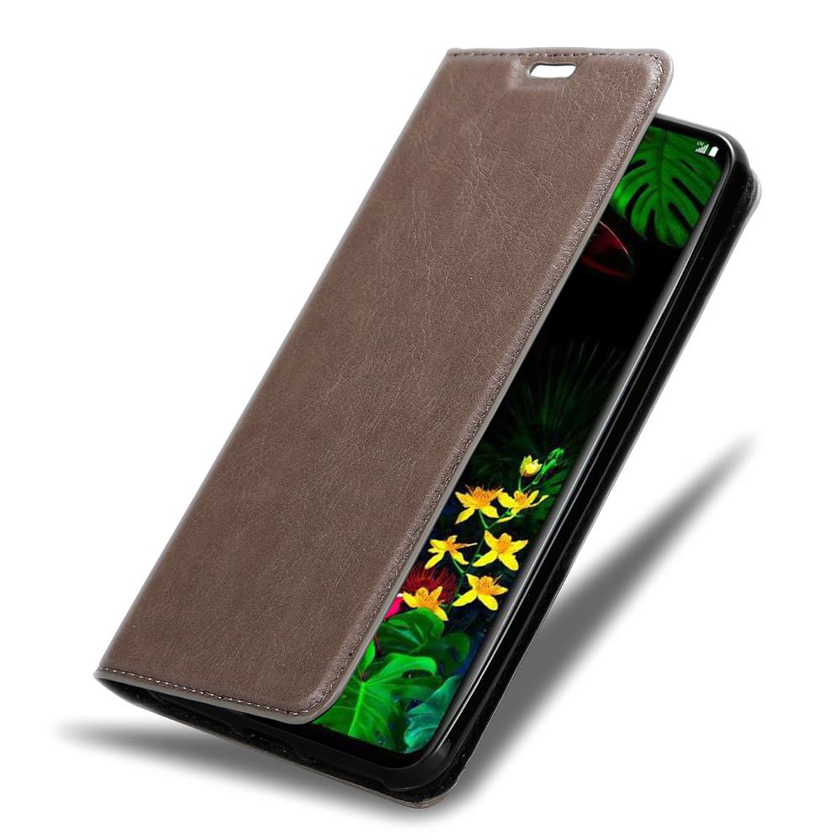 CADORABO Custodia con chiusura magnetica, funzione stand e tasca per le carte CUSTODIA A LIBRO per LG G8S, Marrone