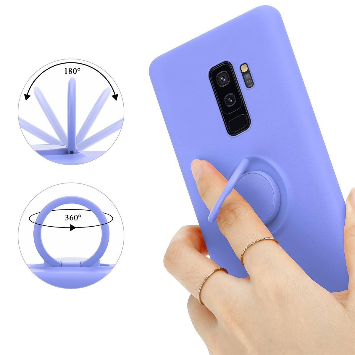 Una mano che tiene un telefono blu con un supporto ad anello, mostrando una rotazione di 180 e 360 gradi.