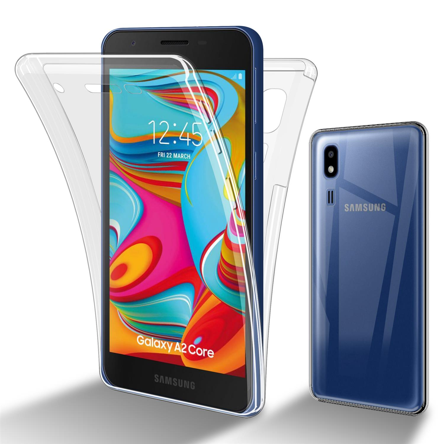 Un telefono Samsung blu con custodia trasparente e una custodia trasparente separata, che mostra le funzioni.