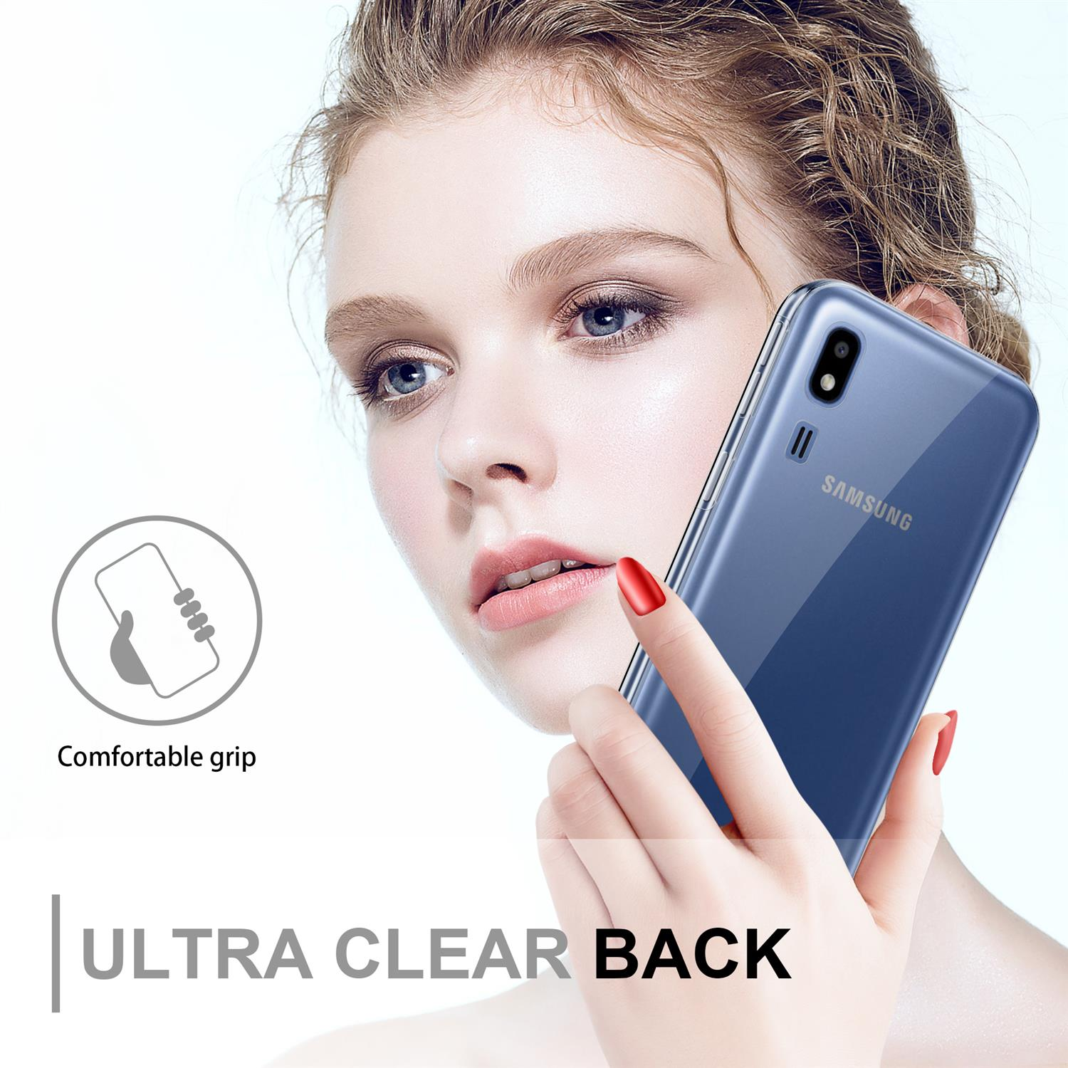 Una donna tiene in mano un telefono blu con doppia fotocamera. Testo: 'Ultra Clear Back'.