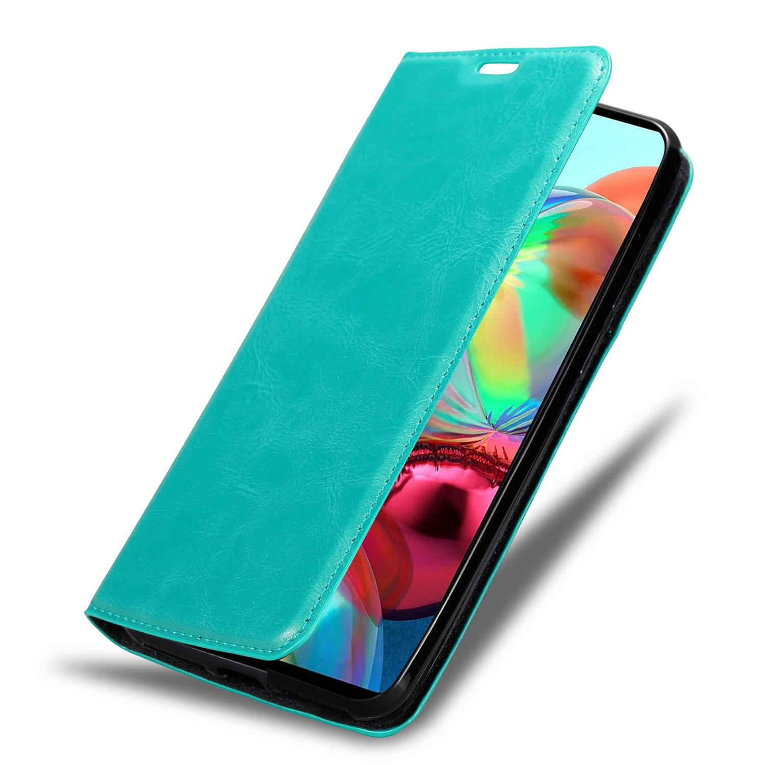 Custodia per telefono verde acqua, aperta e mostra un telefono. Il telefono ha uno sfondo colorato.