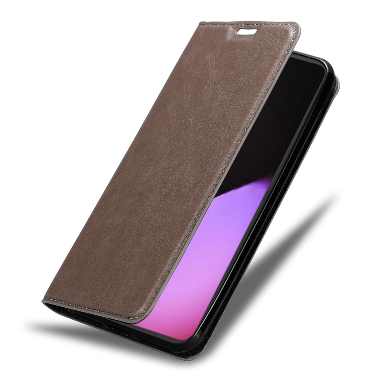 Braune Handyhülle geöffnet, zeigt ein Telefon mit lila und schwarzem Bildschirm.