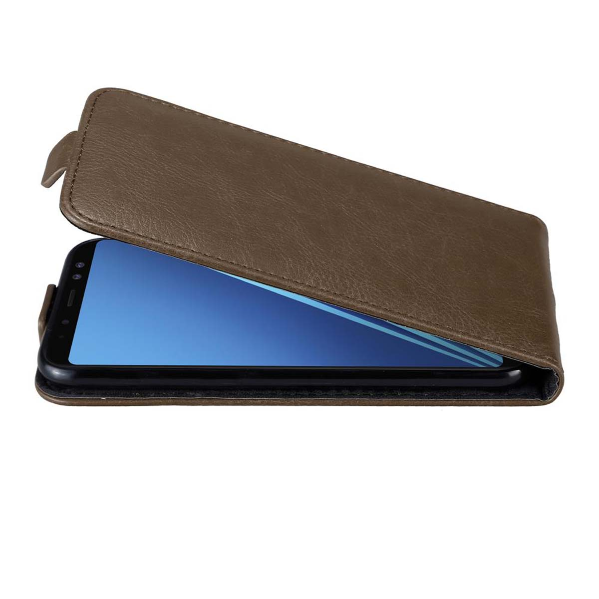 Braune Leder-Handyhülle, geöffnet, um das Telefon darin zu zeigen.