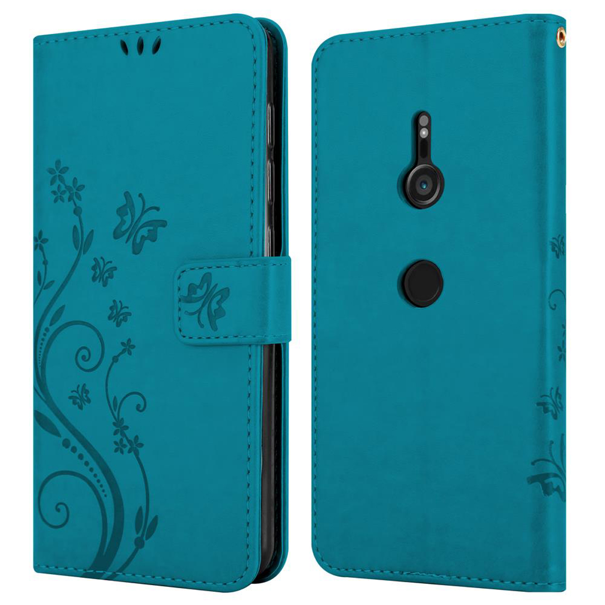 Custodia turchese per telefono, design floreale, aperta e chiusa.