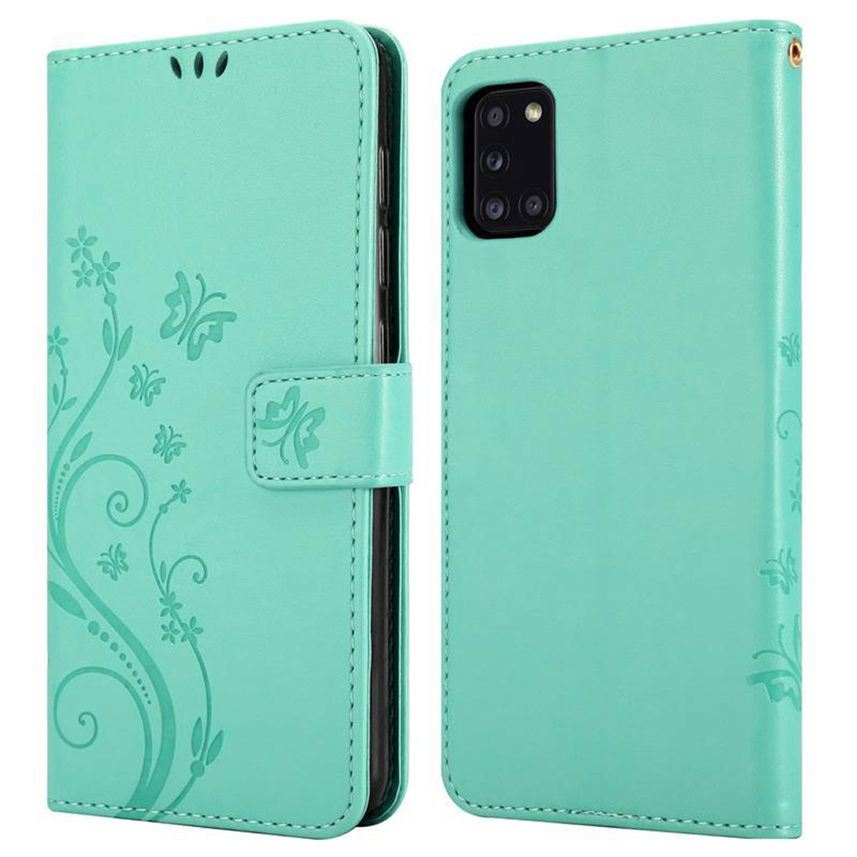 Custodia per telefono in due parti, verde acqua chiaro, con design floreale. Un lato aperto, l'altro chiuso con chiusura. Sfondo bianco.