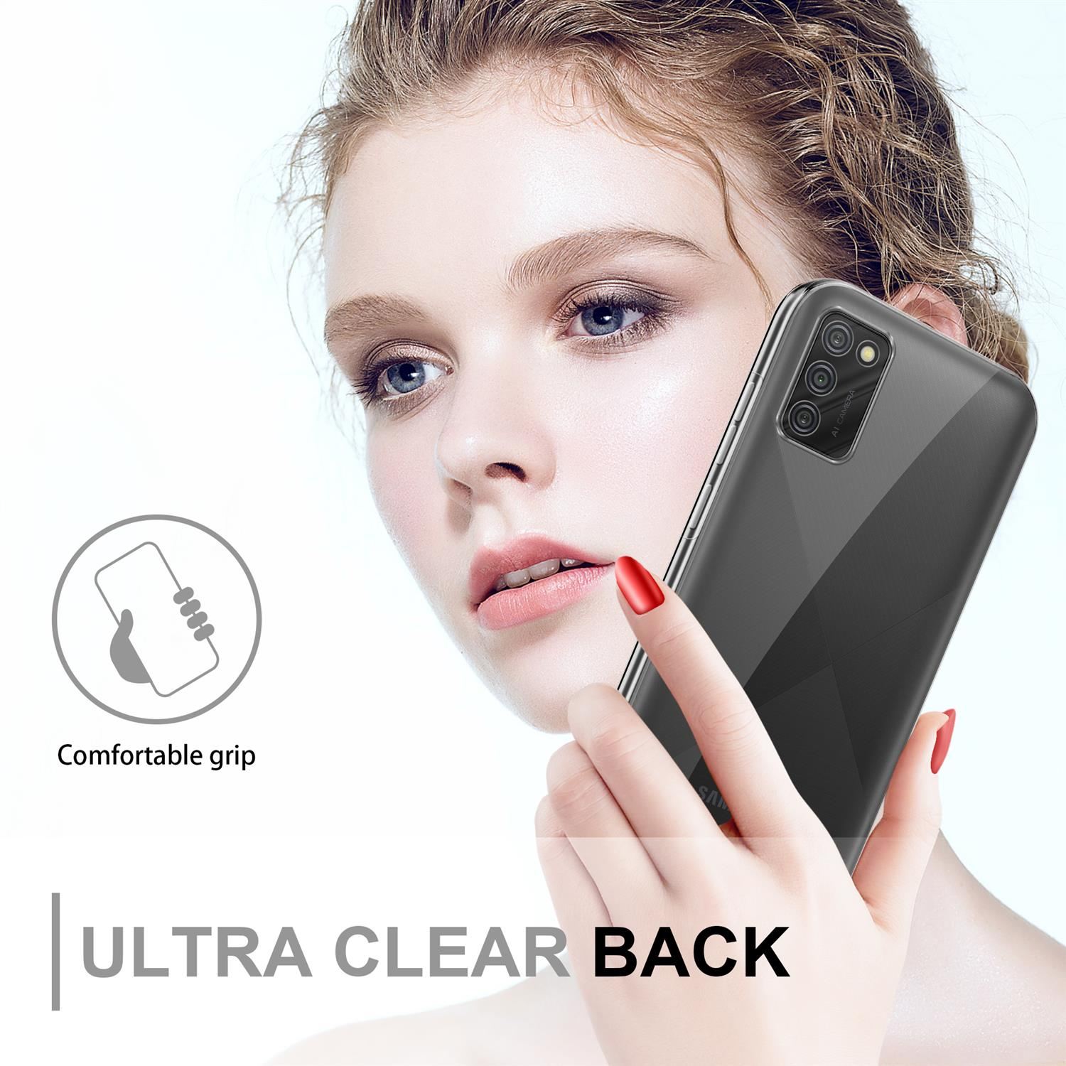 Donna che tiene un telefono, custodia posteriore nera, il testo recita 'retro ultra trasparente'.
