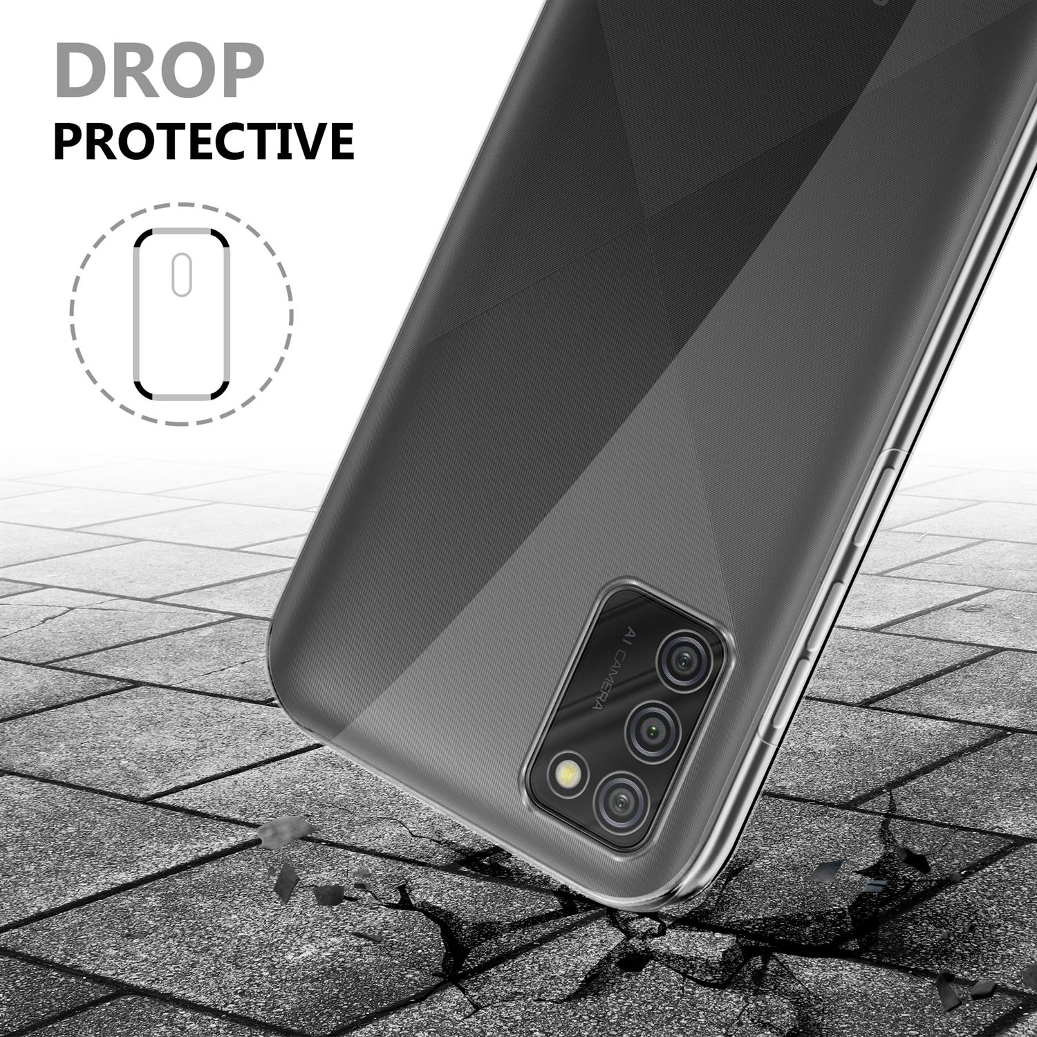 Una custodia per telefono con funzione di protezione dalle cadute. Colore grigio e nero. La custodia è su una superficie simile alla pietra.