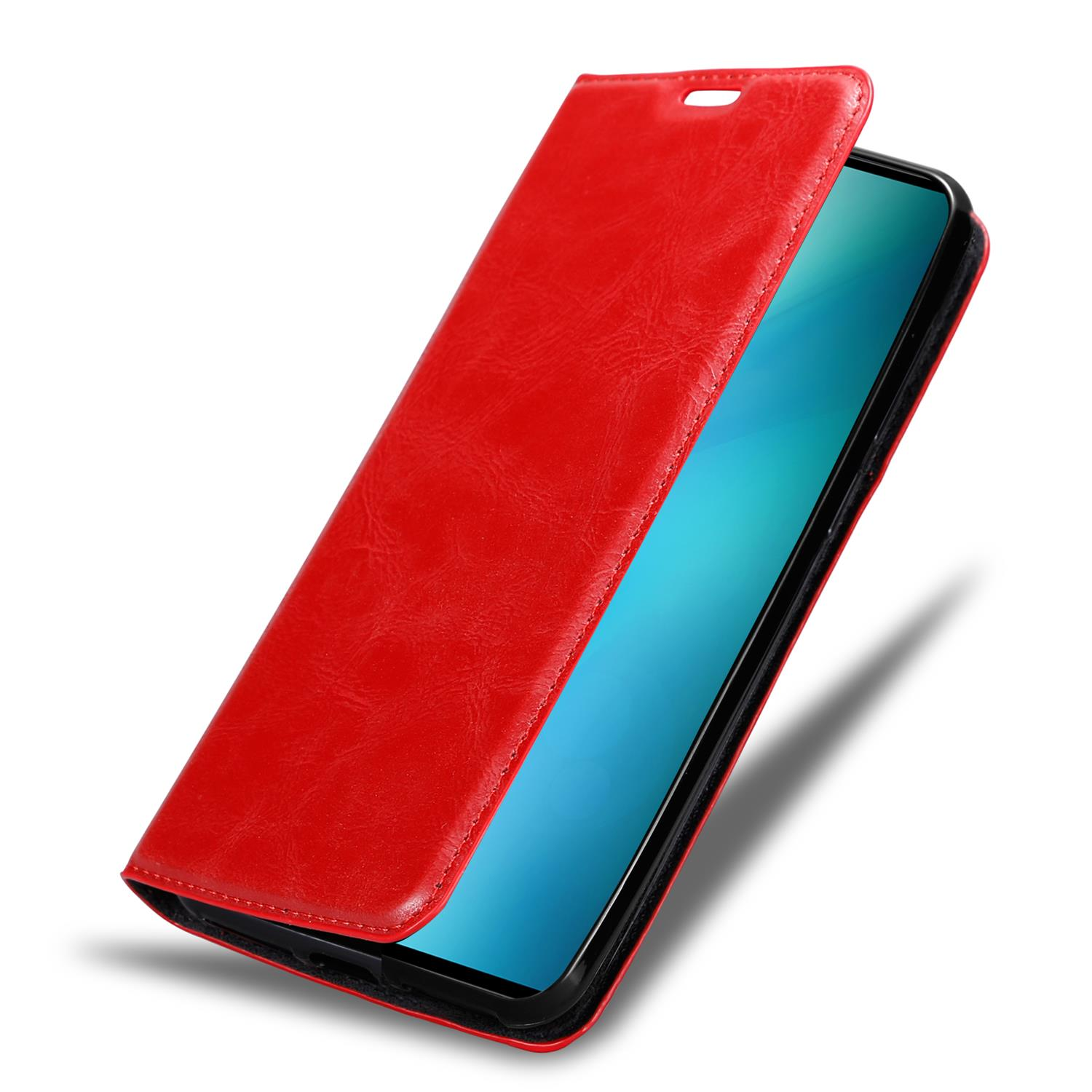 Ein Telefon in einer roten Hülle, die geöffnet ist. Der Bildschirm des Telefons zeigt einen blauen Farbverlauf.