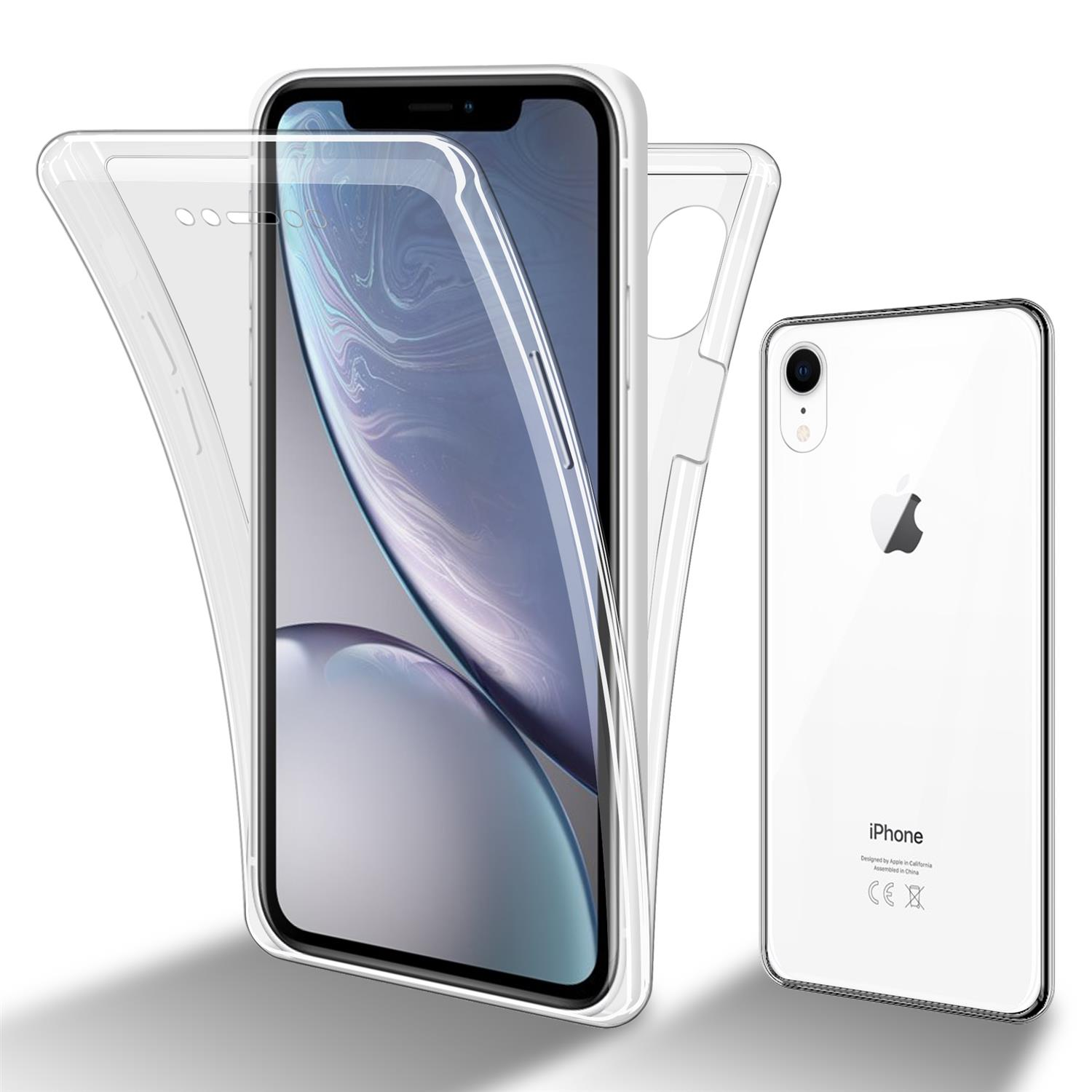 Un telefono con una custodia trasparente sopra e la custodia del telefono accanto. iPhone visibile.