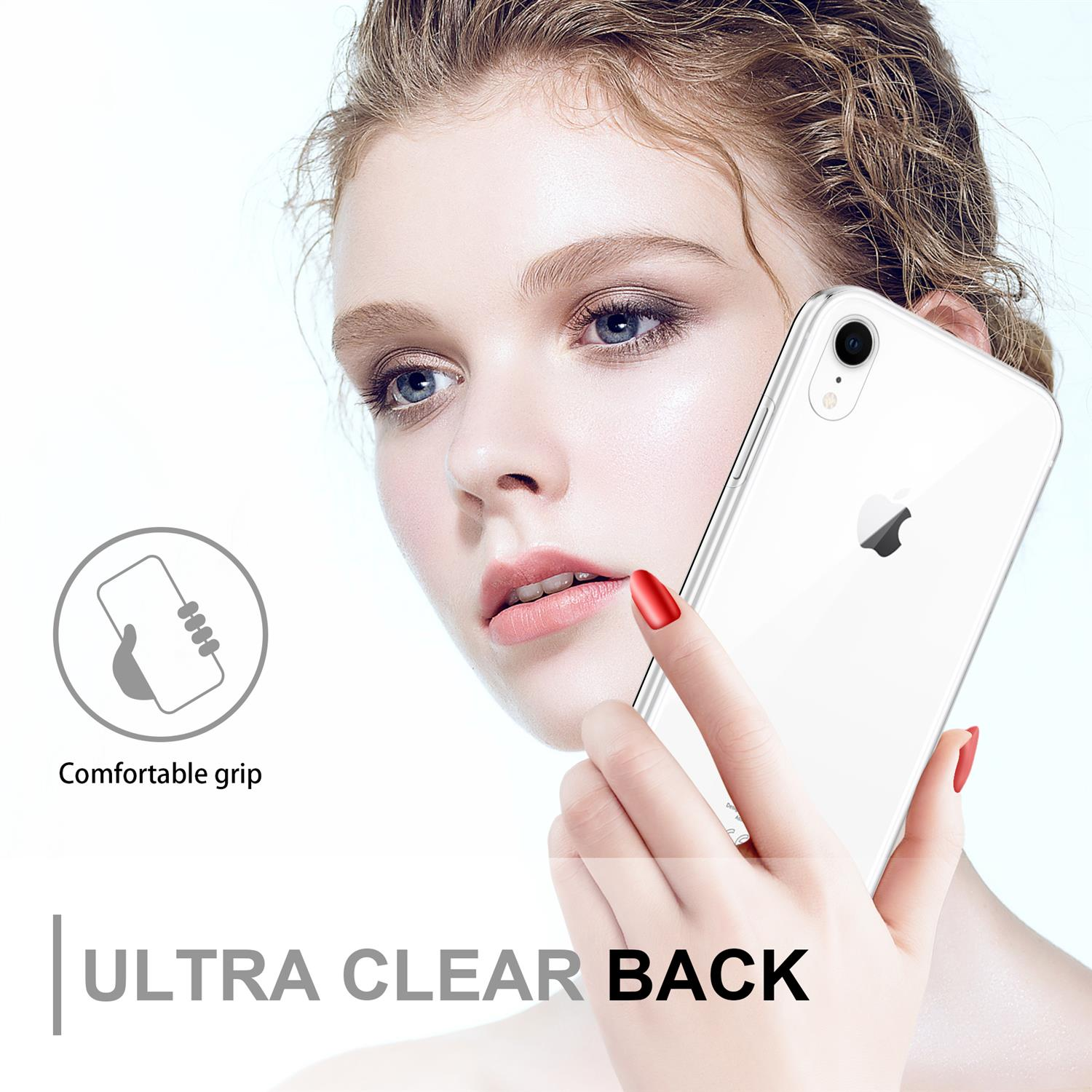 Donna che tiene un telefono in una custodia trasparente. Il testo sull'immagine recita: Ultra Clear Back, Comfortable grip.
