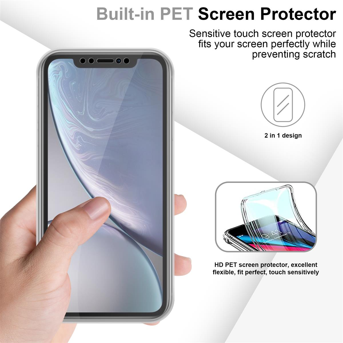 Mano che tiene un telefono con una protezione per lo schermo, con un diagramma di una protezione per lo schermo.