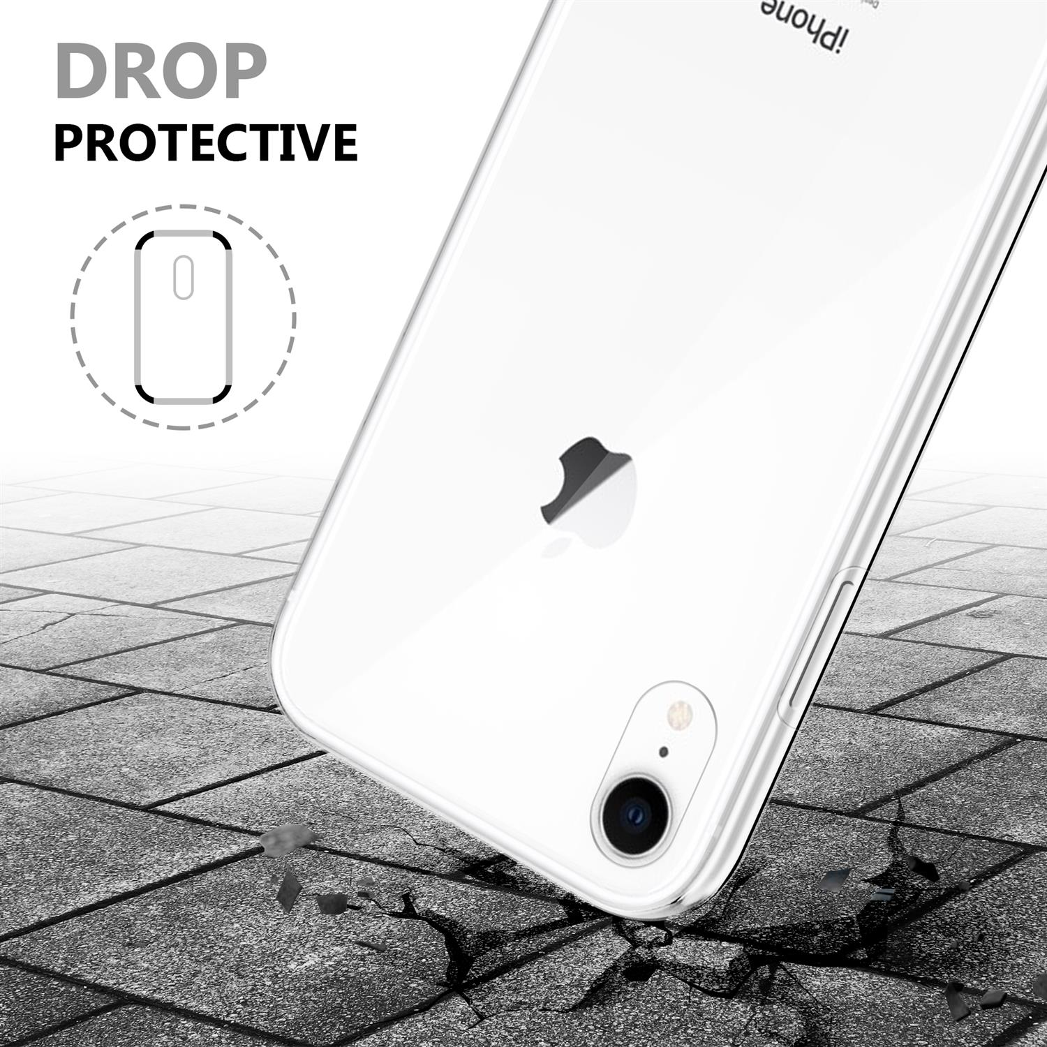 iPhone in una custodia trasparente. È appoggiato su una superficie con una texture screpolata.