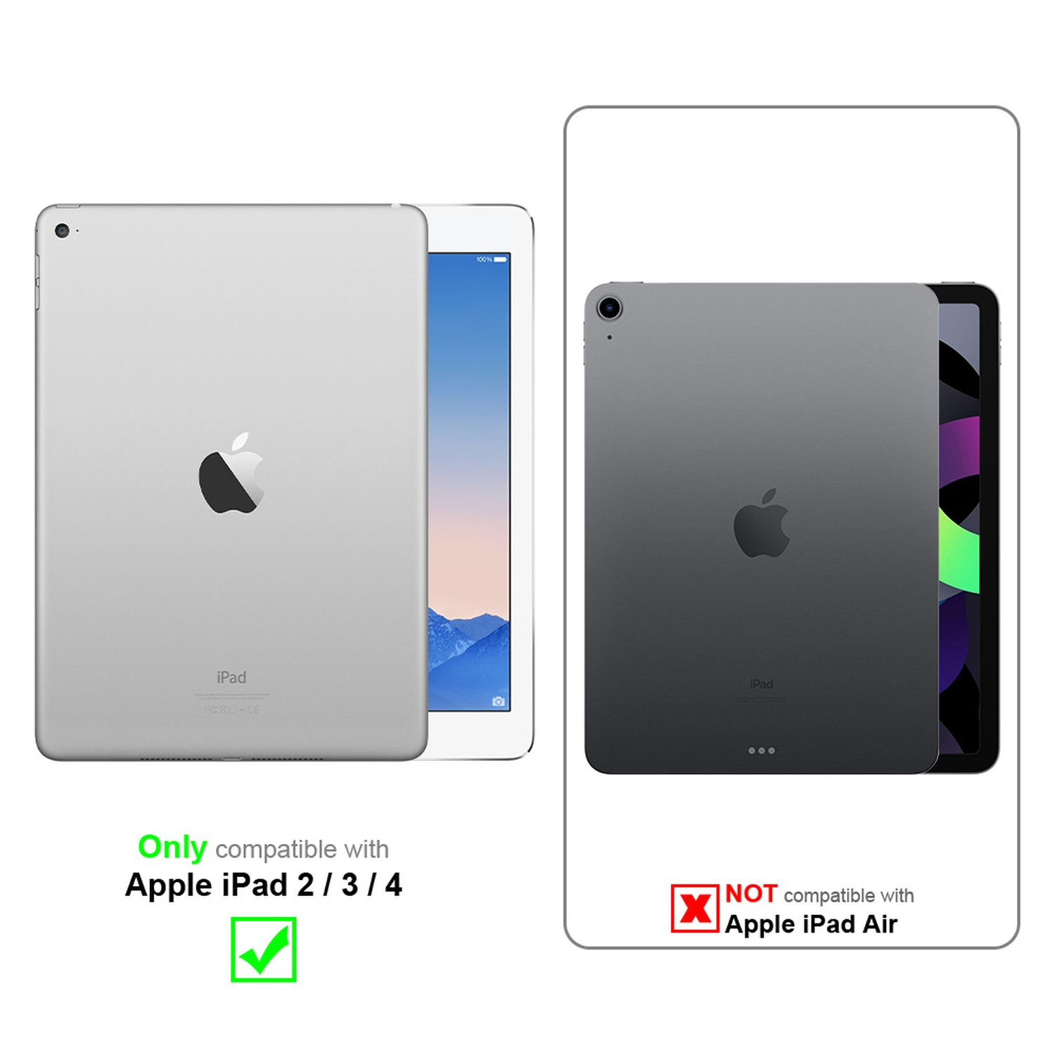 Vengono mostrati due iPad. Uno è grigio, l'altro bianco. Il testo indica la compatibilità con iPad 2/3/4.