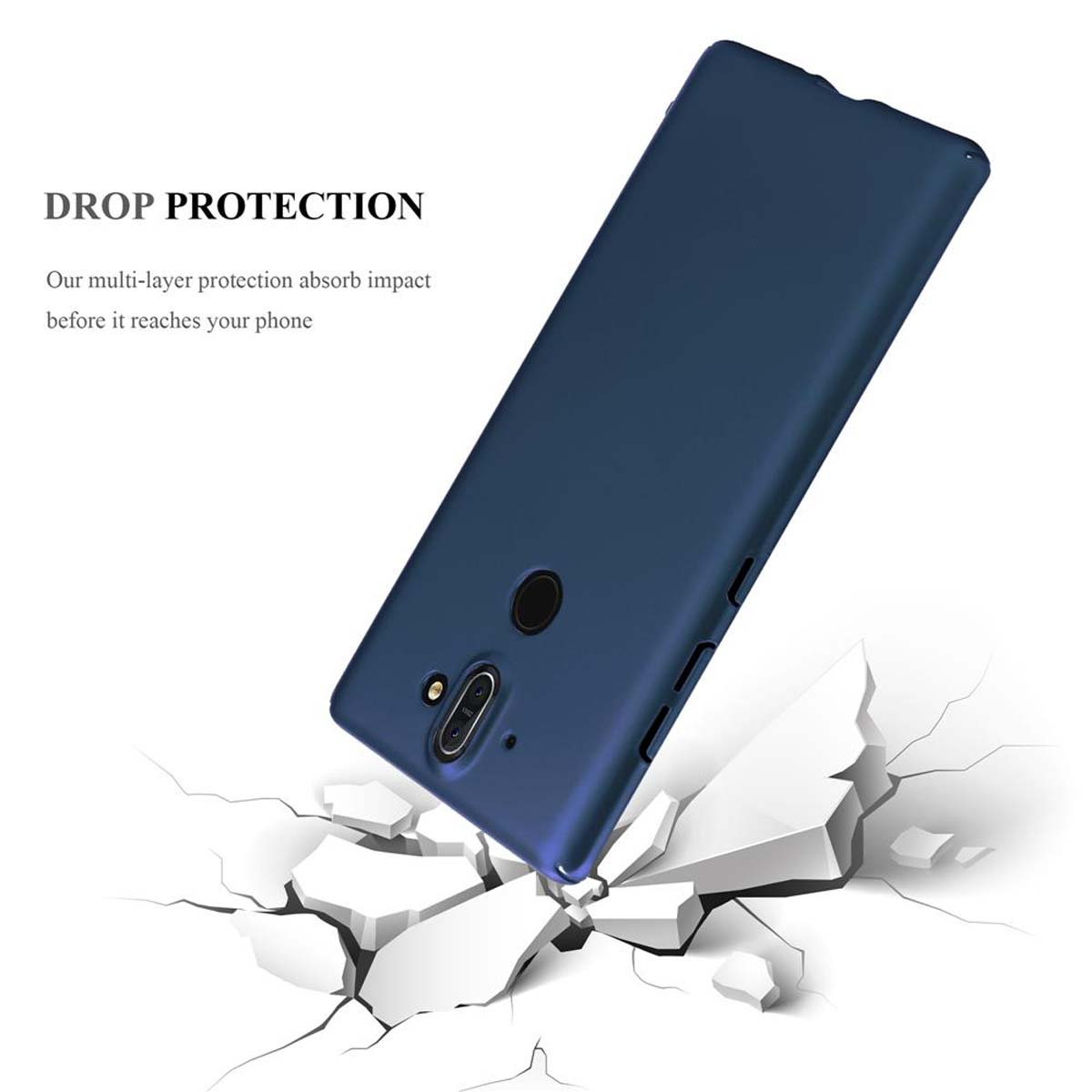 Blaue Handyhülle fällt auf zerbrochene weiße Oberfläche, mit Text 'Drop Protection'.