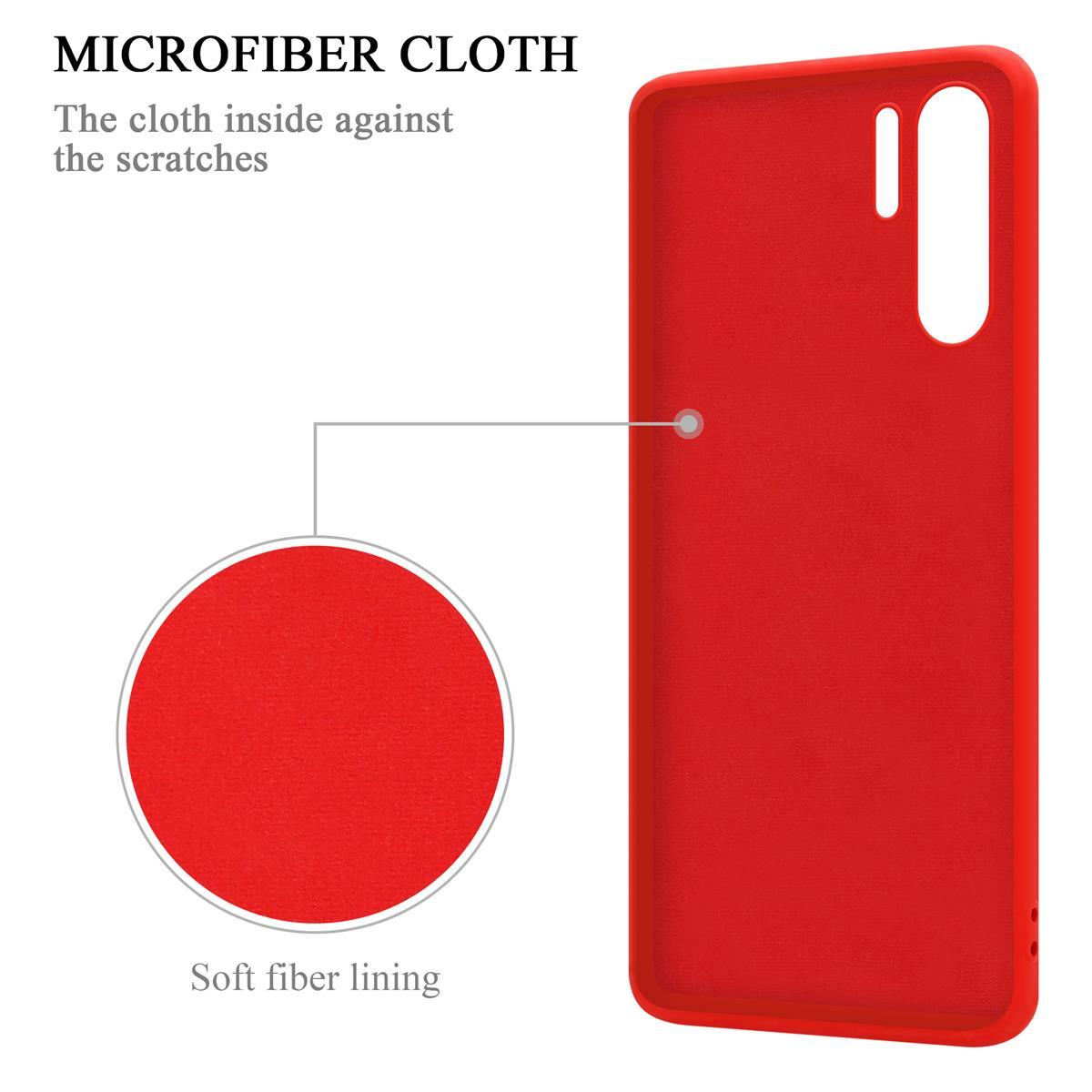 Interno di custodia per telefono rossa, panno in microfibra, con testo sulla fodera in fibra morbida.