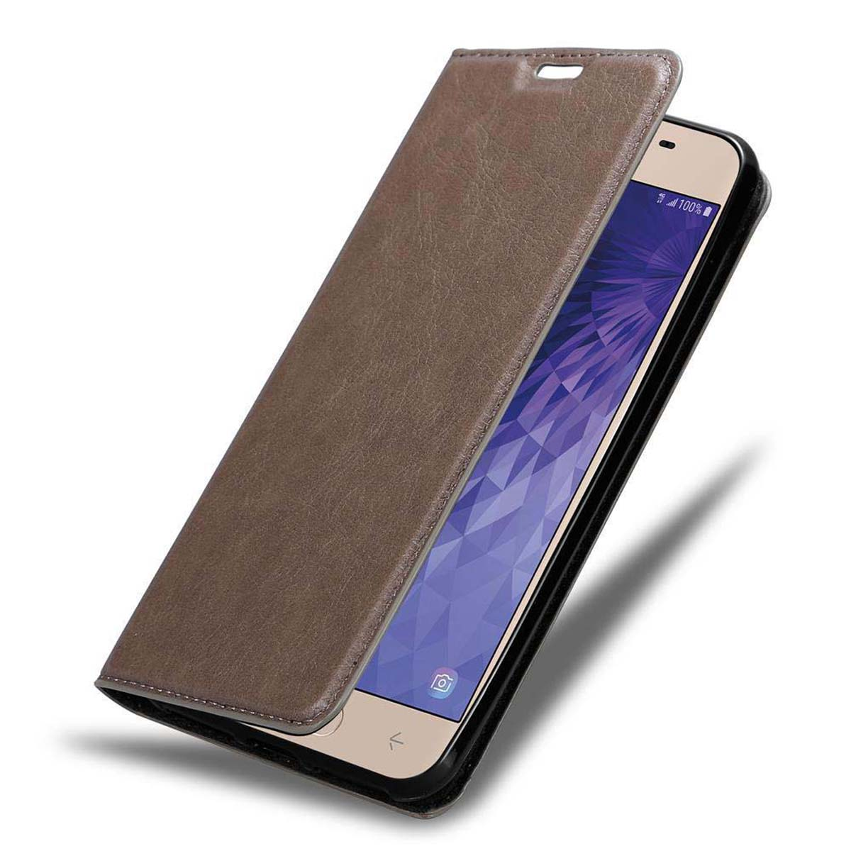 Eine braune Leder-Handyhülle geöffnet, die ein Telefon mit einer Benutzeroberfläche zeigt.
