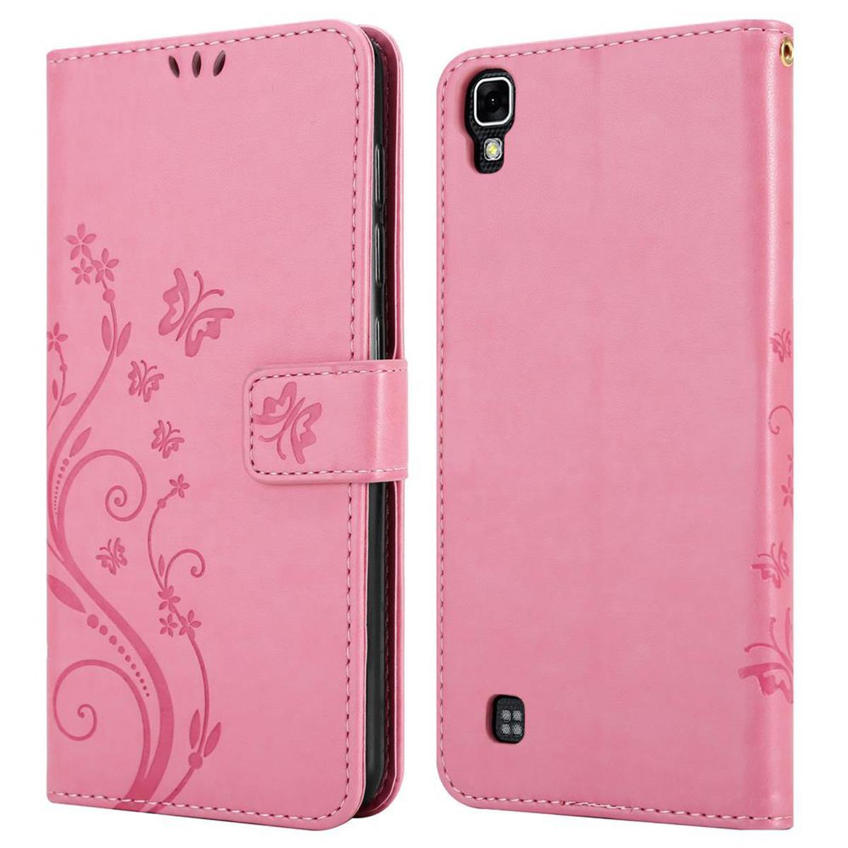Custodia rosa per telefono con design a farfalla. Viste chiuse e aperte.