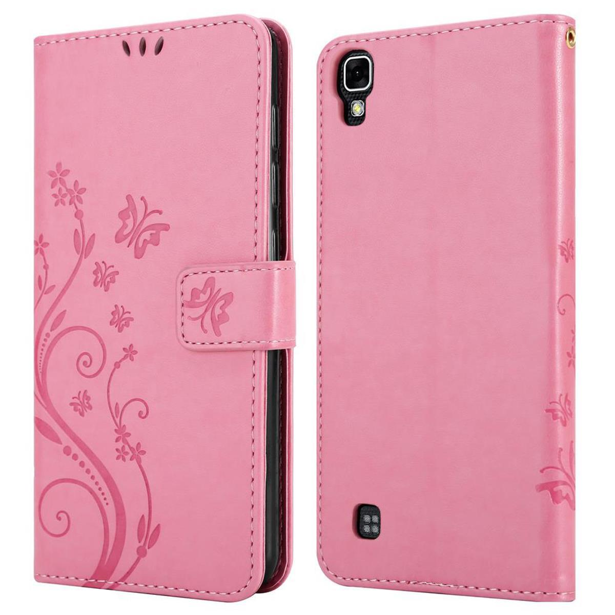 Custodia per telefono rosa, chiusa e aperta, con design floreale. La custodia aperta mostra un telefono.