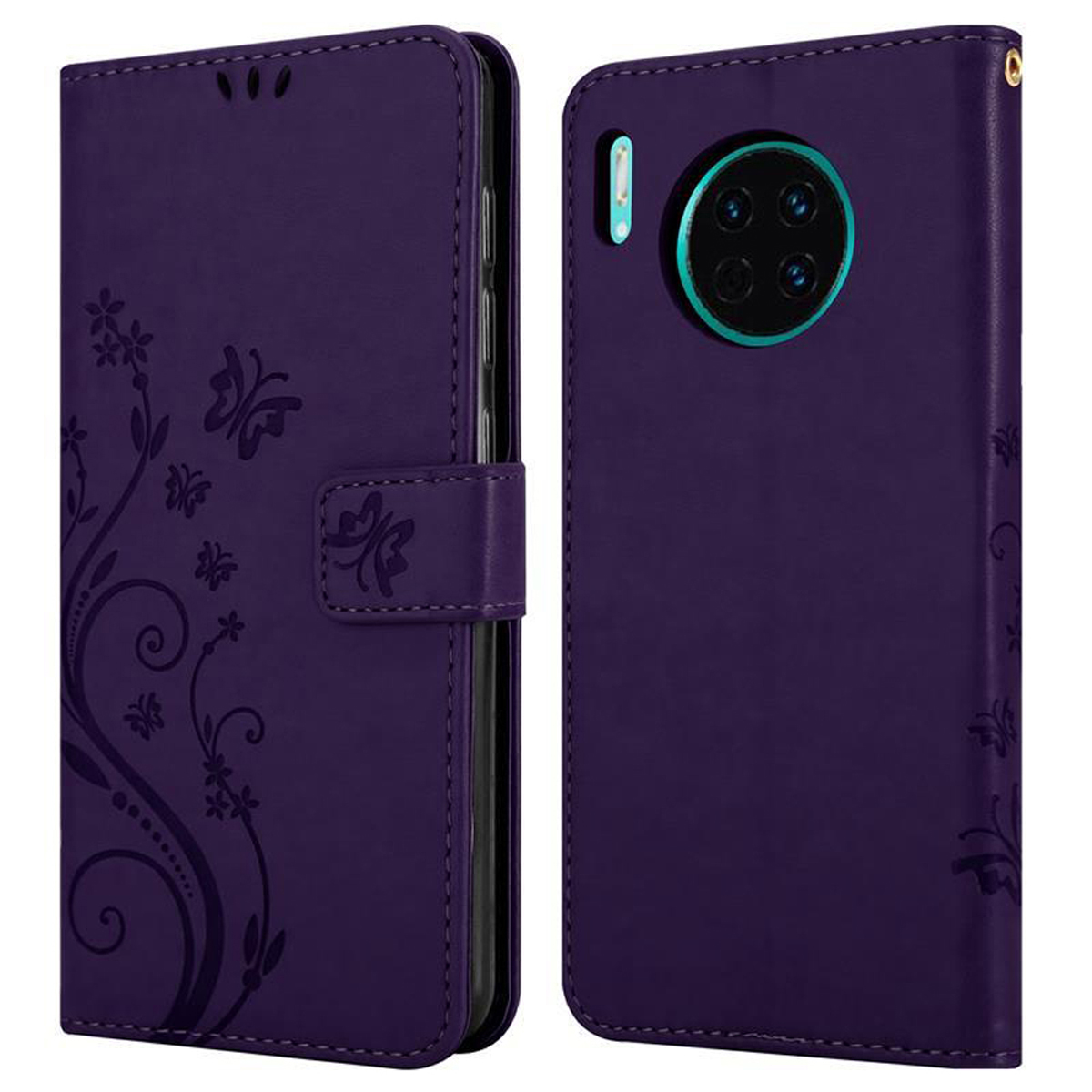 Custodia viola, aperta. Design floreale. Due viste della custodia del telefono.