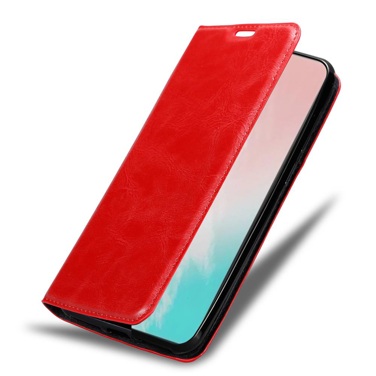 Rote Handyhülle, offen, um einen Telefonbildschirm zu zeigen. Die Hülle hat eine Lederstruktur.